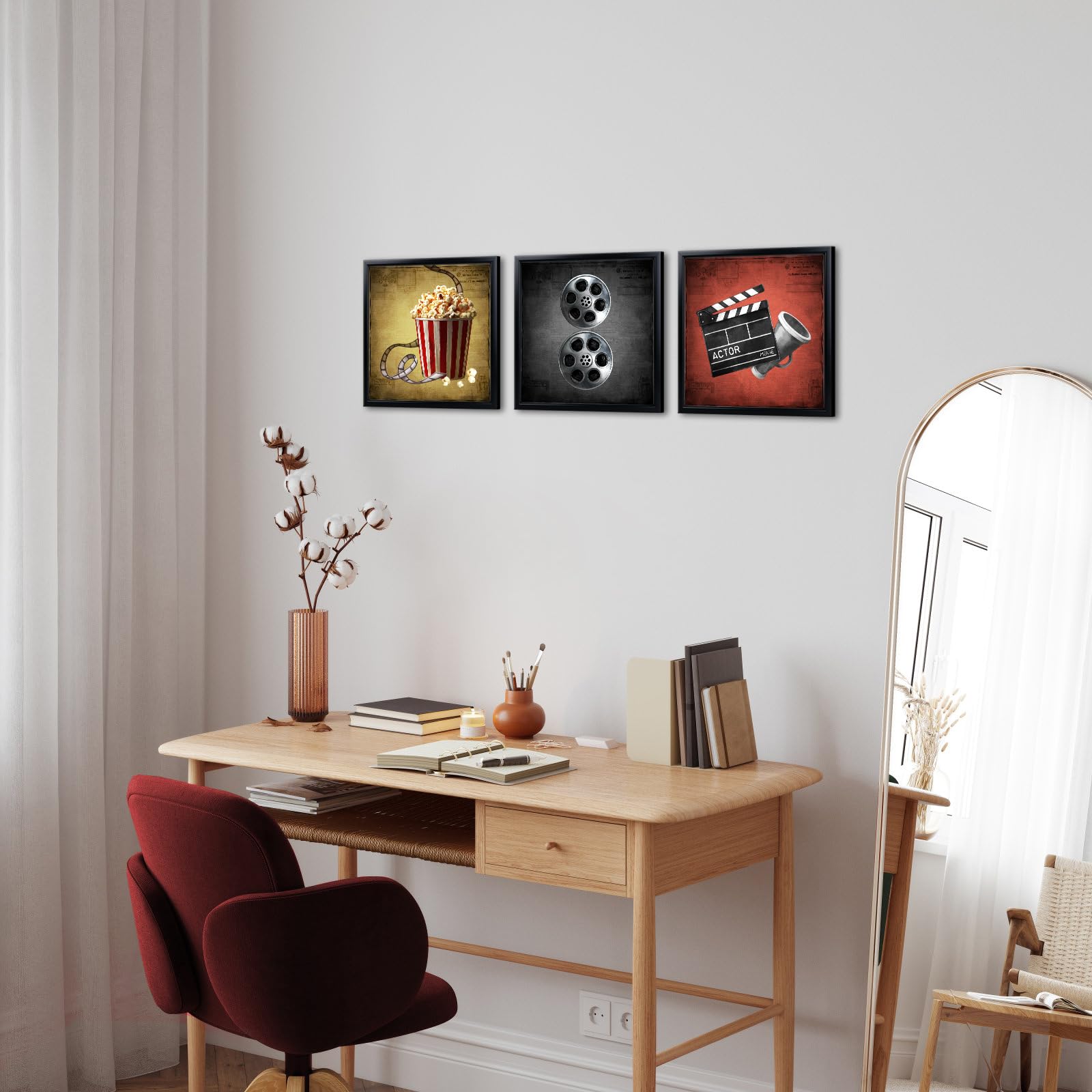 Saypeacher Filmkino-Wandkunst-Set, Leinwanddrucke mit Popcorn-Filmrolle und Schindeln, schwarzer Rahmen, für Heimkino, Zimmer, Schlafzimmer, Dekoration, 30,5 x 30,5 x 30,5 cm, 3 Stück