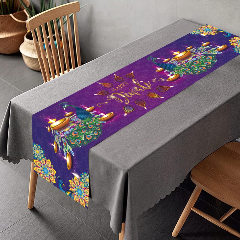 Happy Diwali Table Runner – 14 x 72 Inch Kitchen & Dining Table Decoration with Lights & Rangoli Lanterns, Perfect for Indoor & Outdoor Deepawali Festival Celebrations