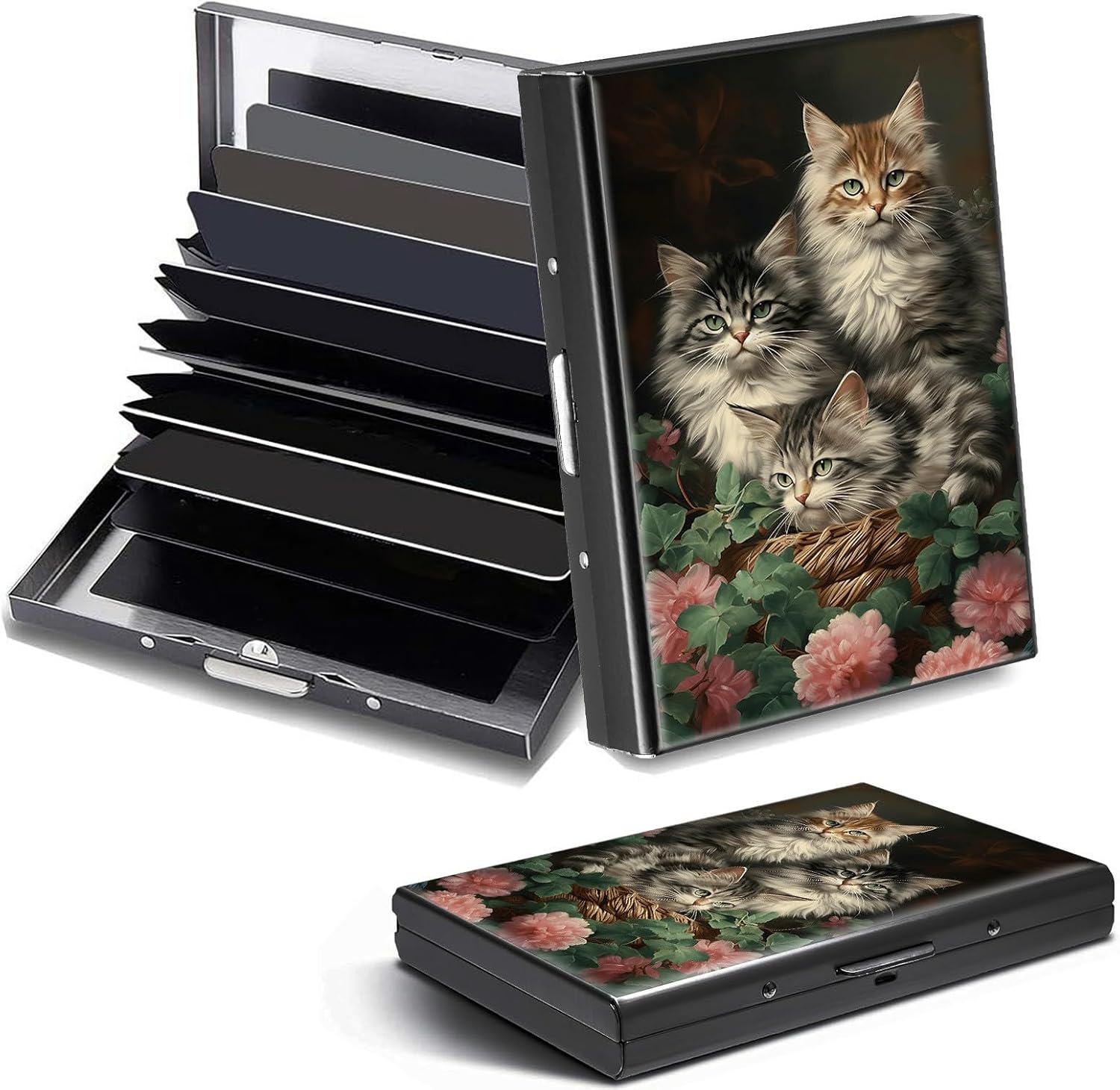 Credit Card Holder, Cute Cat Flowers Design Mini RFID Blocking Aluminum Wallet Slim Metal Hard Case Shell Travel Wallet ID Case Small Credit Cards Case Business Cards for Women Men Girls