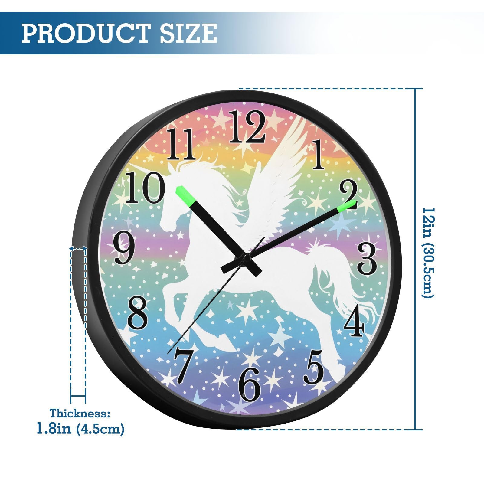 Mnsruu Reloj de pared luminoso con alas de unicornio y estrellas, reloj de dormitorio, funciona con pilas, reloj silencioso que brilla en la oscuridad, para sala de estar, cocina, 12 pulgadas