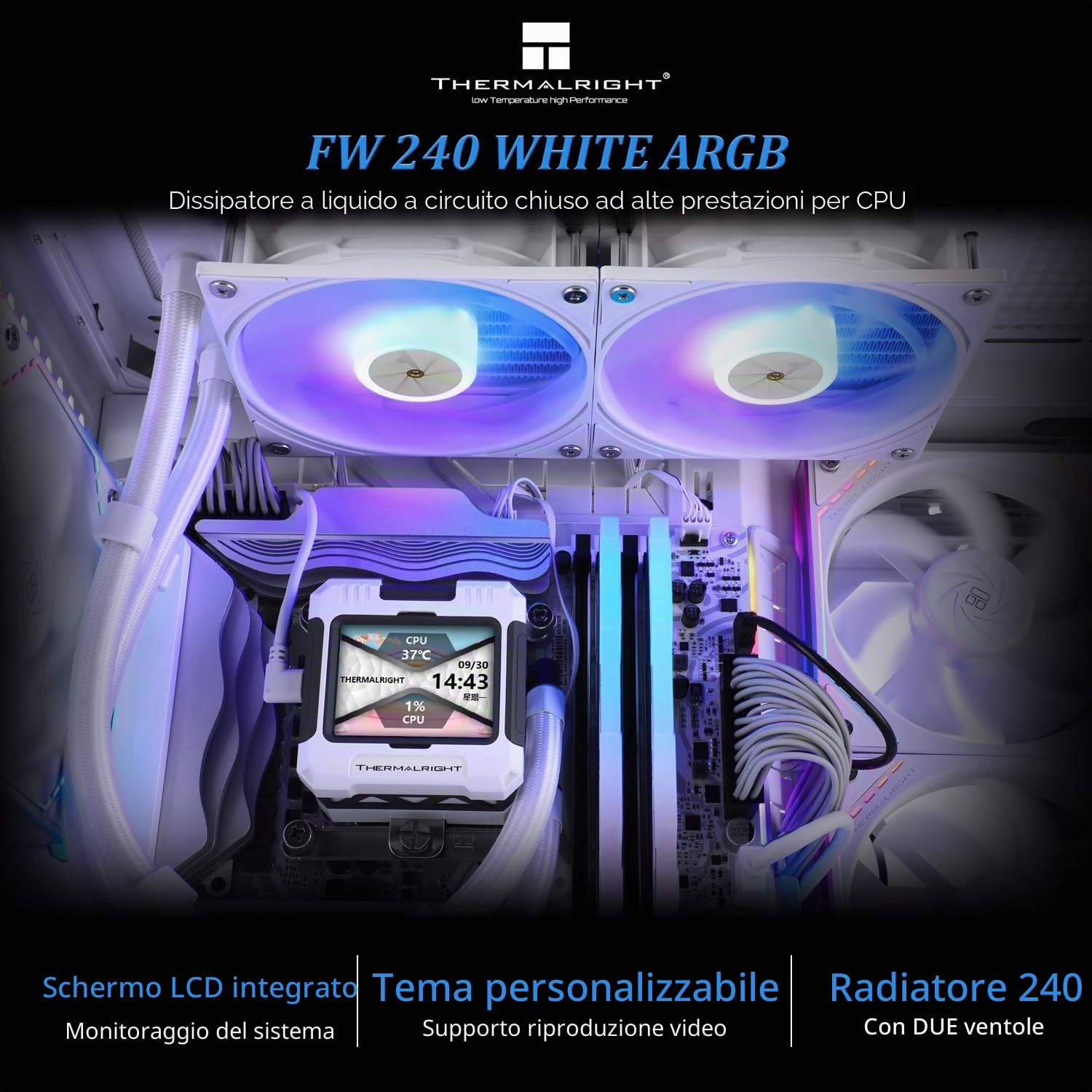 Thermalright Frozen Warframe 240 White ARGB-240mm AIO CPU Liquid Cooler, IPS LCD Screen con risoluzione 320 * 240, per AM4/AM5 & Intel LGA1700, schermo "2,4" per immagini e doppia ventola, bianco