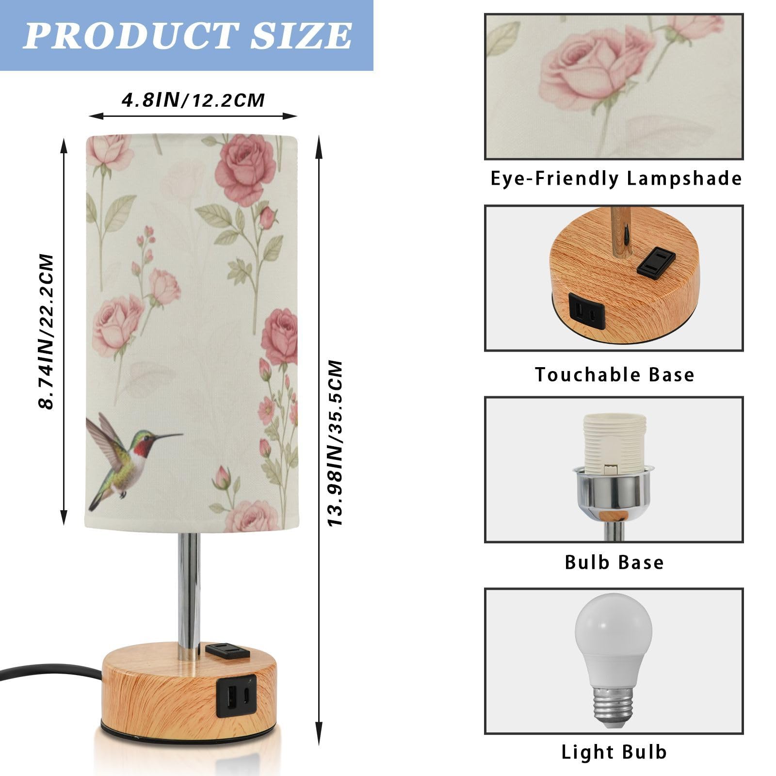 Yuiboo Lampy stołowe z portami USB C+A, lampka nocna na biurko