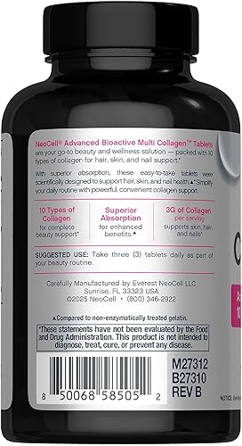 Miniatura 3 de NeoCell Súper Péptidos de Colágeno Múltiple | 120 Tabletas | 10 Tipos de Colágeno | Para Piel, Cabello y Uñas | Suplemento de Belleza | Para Hombres