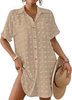 Bsubseach Swimsuit Coverup for Women Swiss Dot Beach Cover Ups Shirt Dress | Retro Flattering Bathing Suit Cover Up with Pockets, Stylish Shirt Cover Up for Beach, Pool and Daily Errends, Wrinkle-Free