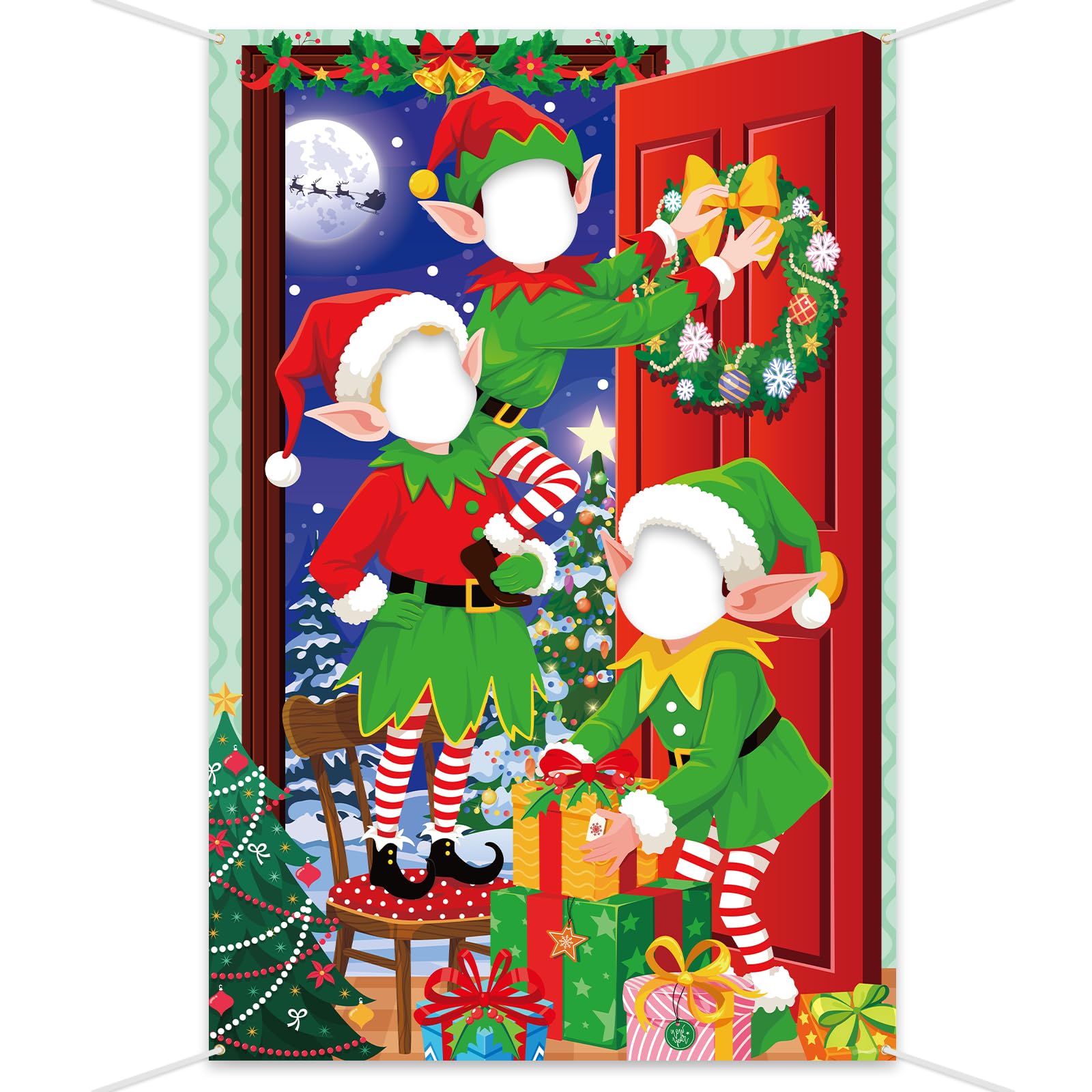 DPKOW Funny Elf Banner Christmas Decorations, Face in Hole Banner Xmas Photo Booth Props Elf Accessories