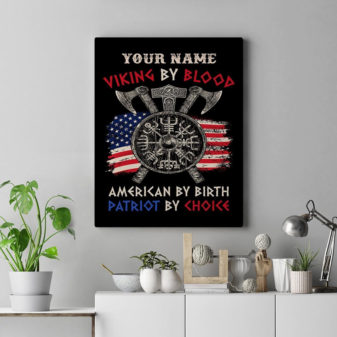 CenturyTee Personalized Viking Canvas Viking By Blood American By Birth Odin God Scandinavian Norse Mythology Runes Men Women Dad Birthday Custom Wall Art Print Framed Canvas (16 x 24 Inches)