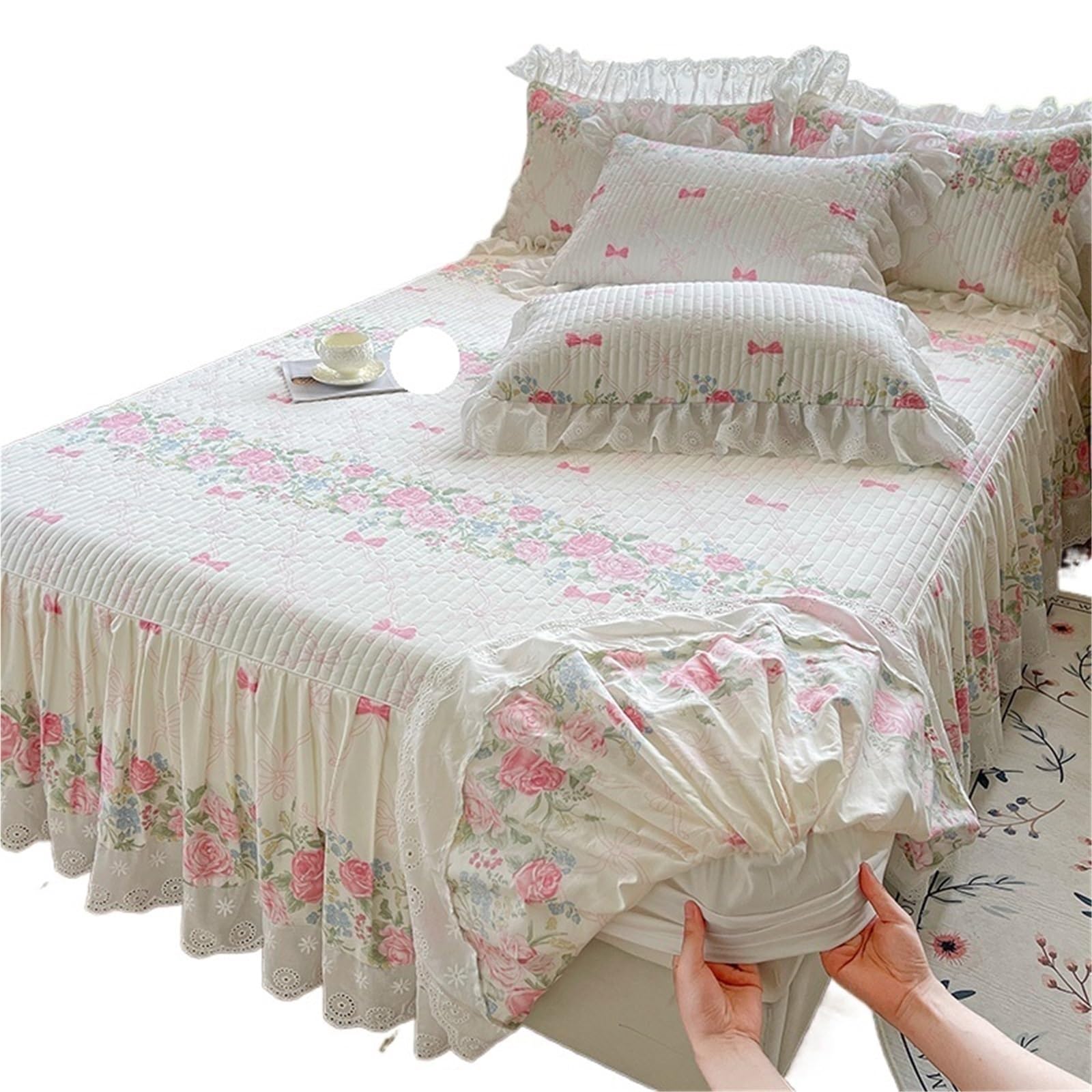 3Pcs Lace Ruffles Floral Pure Cotton Quilted Bed Skirt, Mattress Cover, Bedspread, Sheet, Fitted, With Pillowcases(Color 1,180X220cm 3pcs)