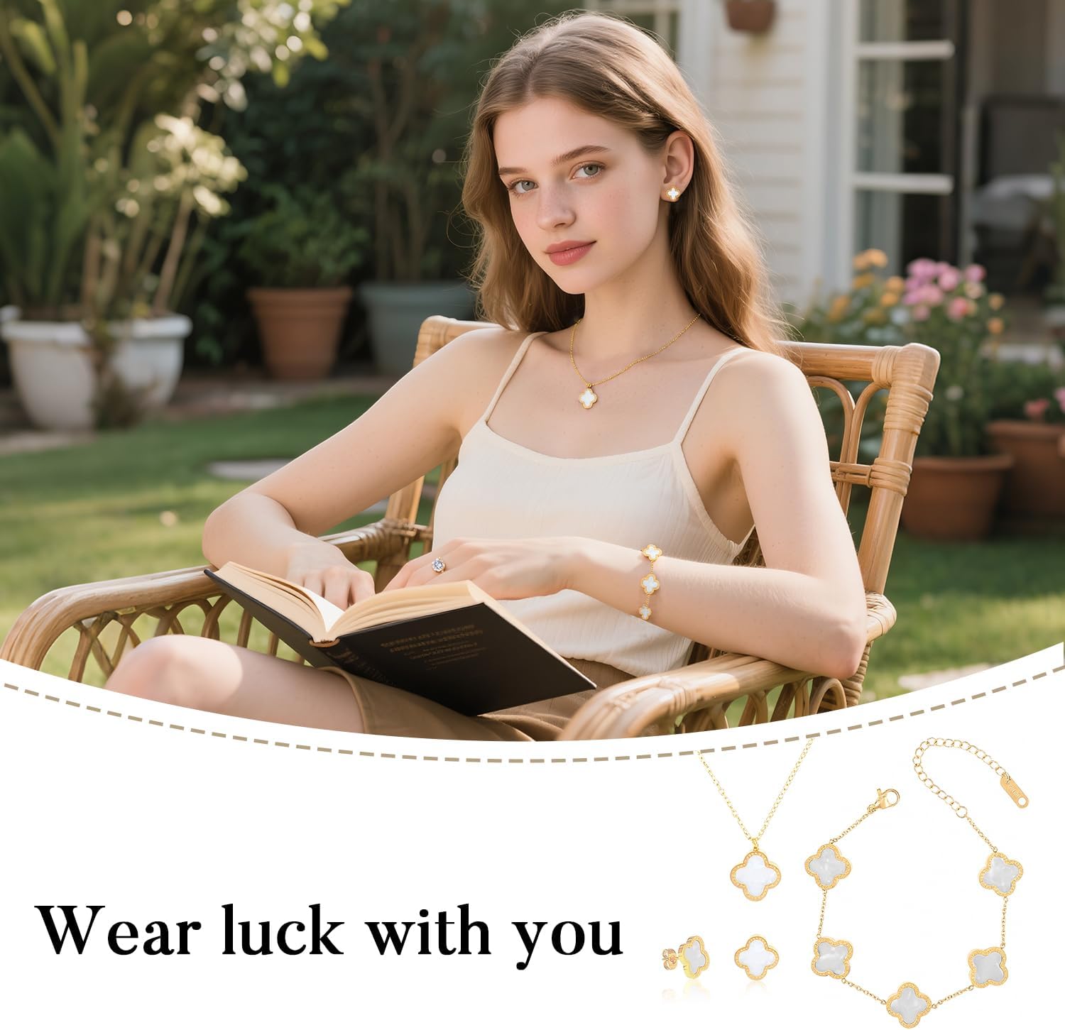 POWEROSE 18k Gold Four Leaf Bracelets for Women, Necklace Pendant, Earrings,White Link Bracelet Exquisite Clover Jewelry Sets for Women Valentines Day Gifts - Image 5