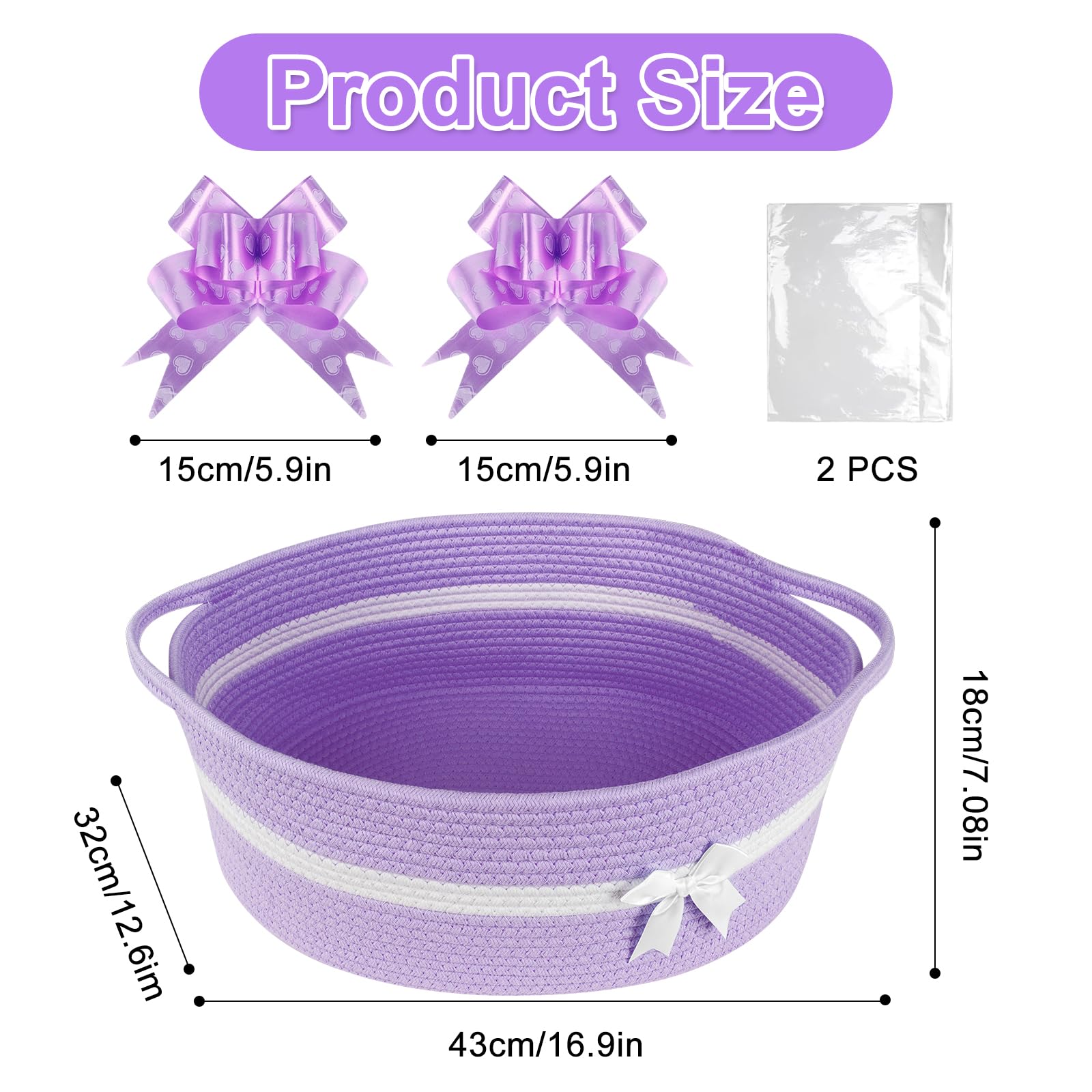 Lotvic Cesto regalo grande, 43 x 32 x 18 cm, kit cestino, cesto vuoto con sacchetti di cellophane e fiocchi, cesti regalo in corda con manici, cesti regalo in tessuto per baby shower, matrimoni
