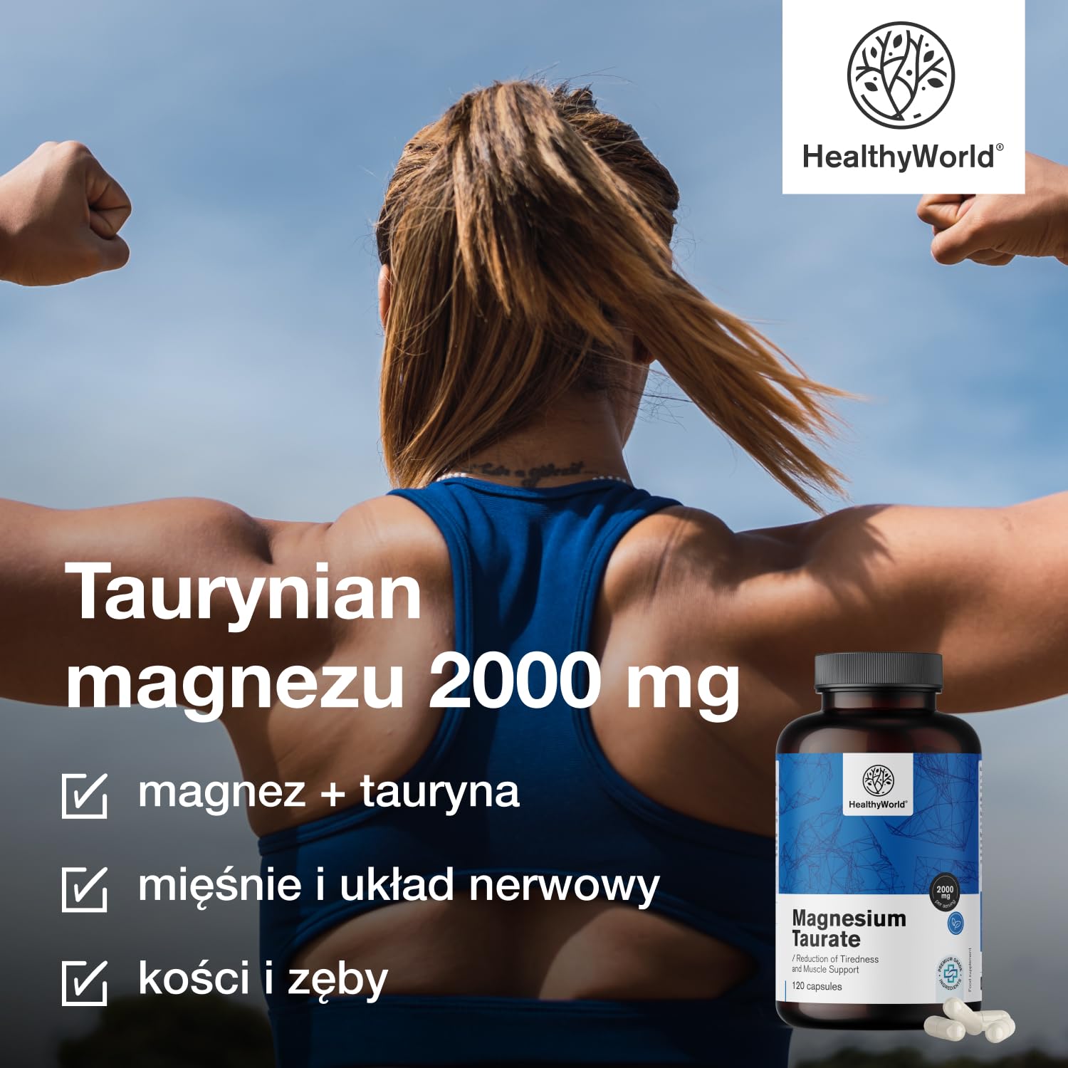 HealthyWorld Taurynian magnezu 2000 mg - 120 Kapsułek Roślinnych - Magnez + Tauryna - Wysoka Zawartość - Na Mięśnie i Układ Nerwowy - Łatwy do Strawienia