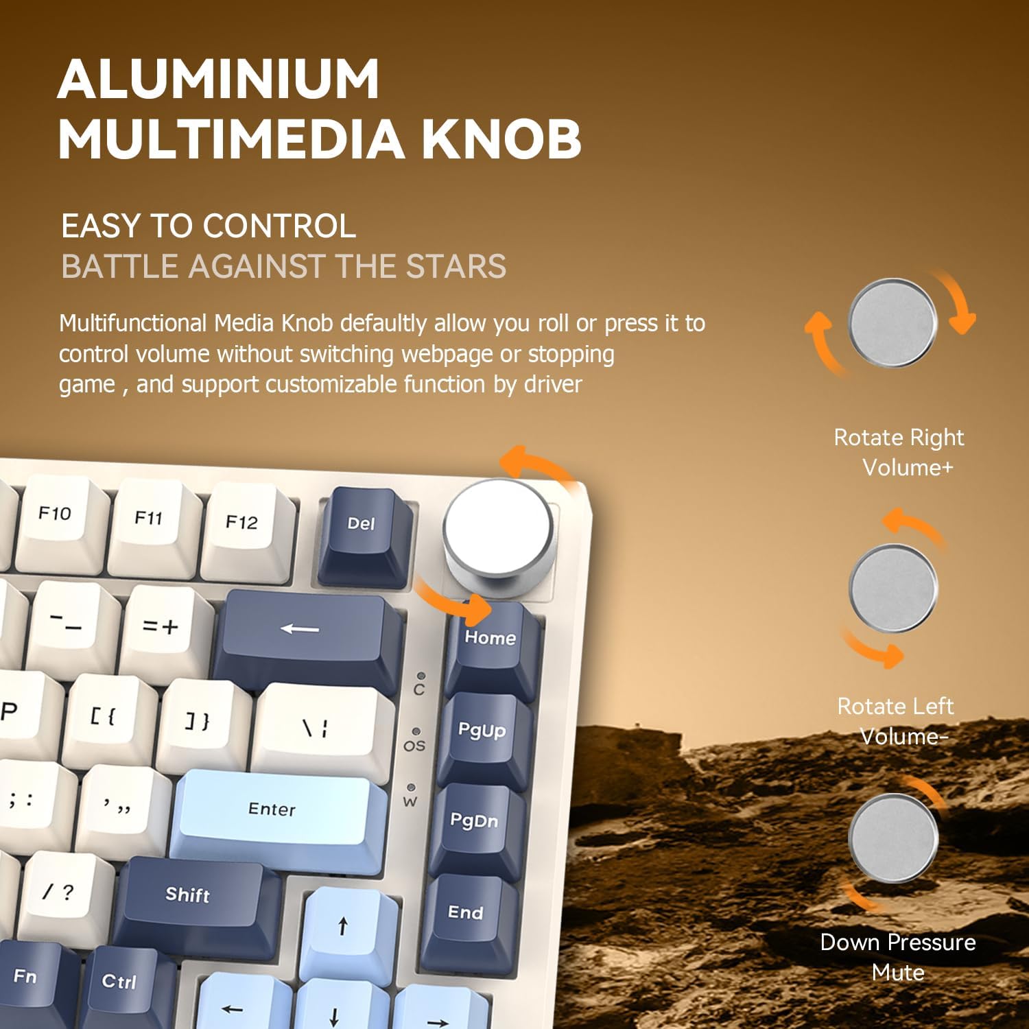 Close-up of the aluminum multimedia knob on the ATTACK SHARK K85 keyboard, showing its functions.
