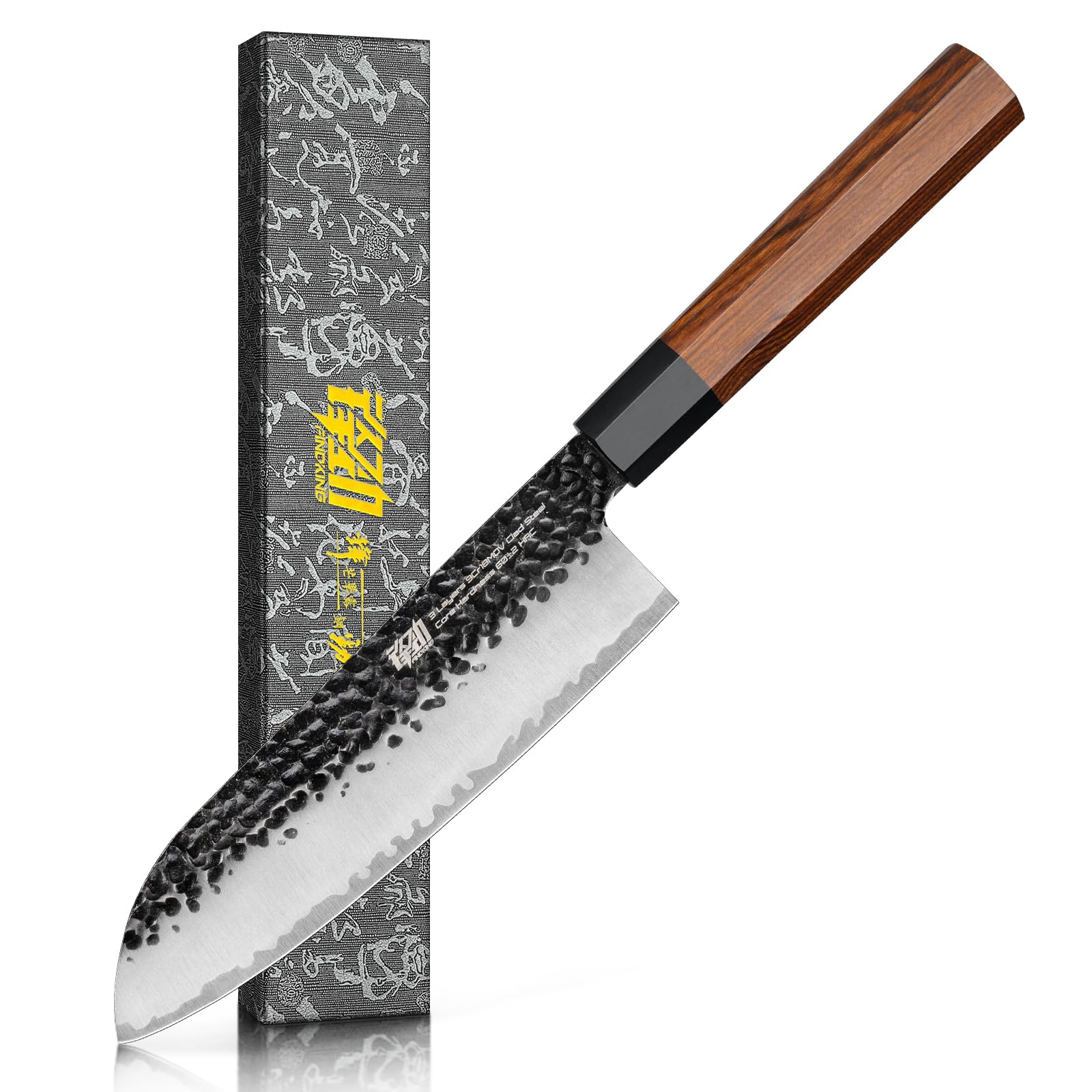 FINDKING Dynasty Series Japanese Santoku Knife, Professional Kitchen Knife, 9Cr18MoV High Carbon Steel Blade, African Rosewood Octagonal Handle, for Meat, Fruits, Vegetables, 7 Inches/18 cm