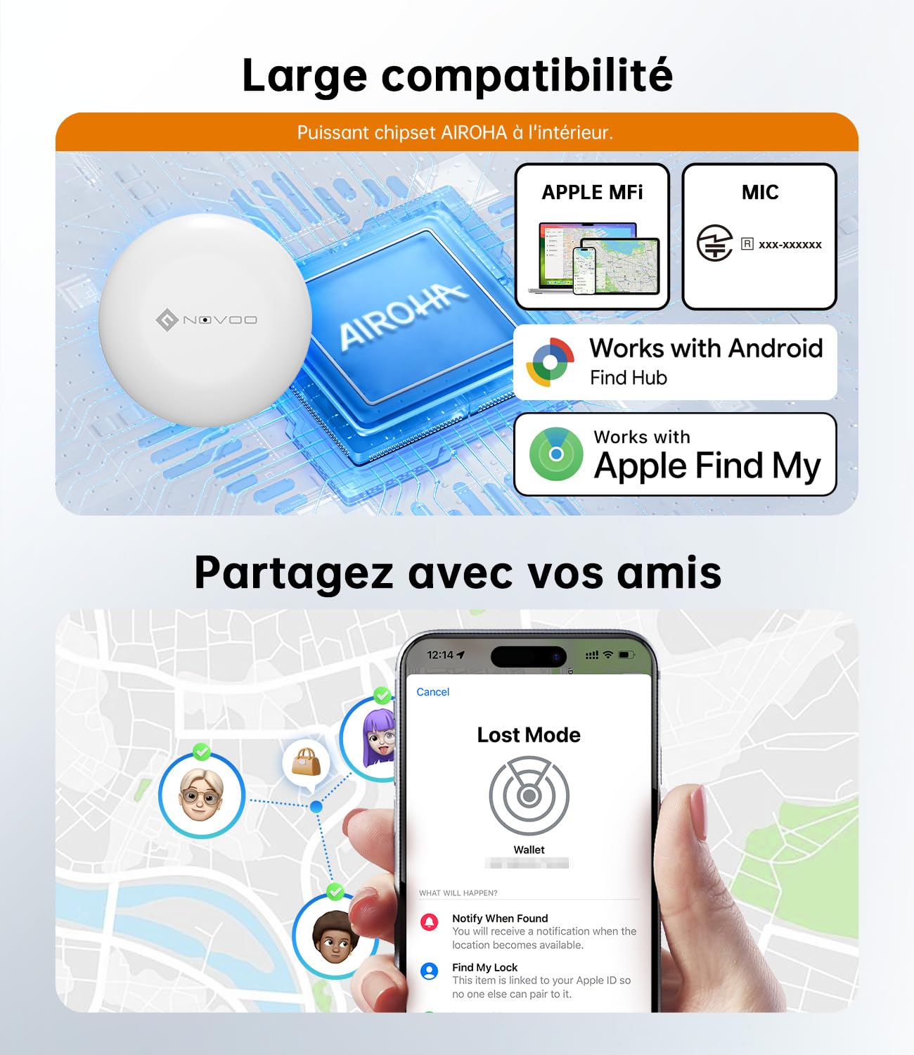 NOVOO Inteligentny tag, etykieta Bluetooth do Apple & Google Find My, alarm 80dB, wodoodporna IPX5, wymienna bateria, idealna do kluczy, walizek i toreb, 4 sztuki