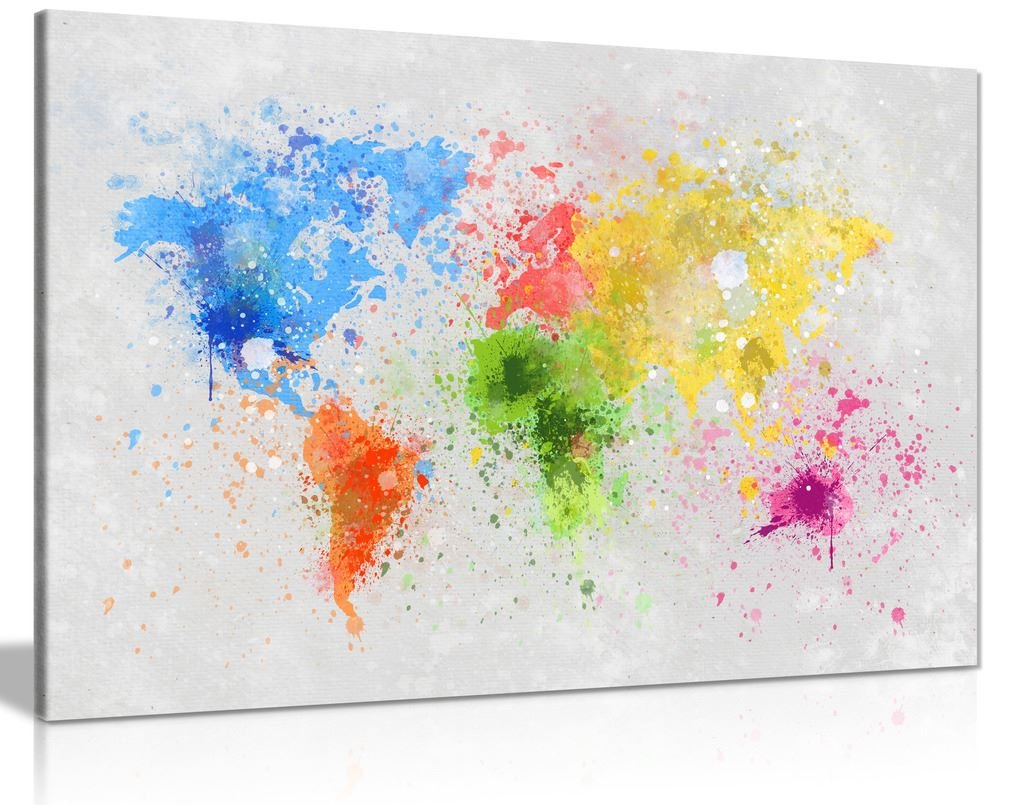 Panther Print Multicolor World Map Watercolour Explosion Canvas Wall Art Picture Print (36X24)