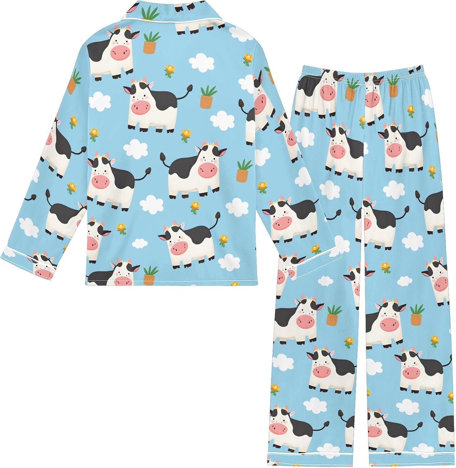 Kids Casual Satin Wear Set Cute Cow Carrots Pattern Unisex Relaxed Fit Clothing