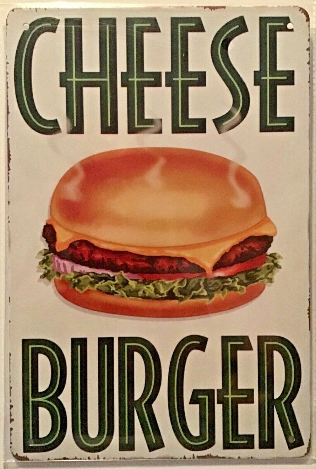 peiyeety Metal Tin Sign Vintage Cheese Burger Food Art, Retro Kitchen Themed Wall Decor, Funny Fast Food Metal Art for Kitchen, Dining Room, Bar, Cafe,8x12 Inch