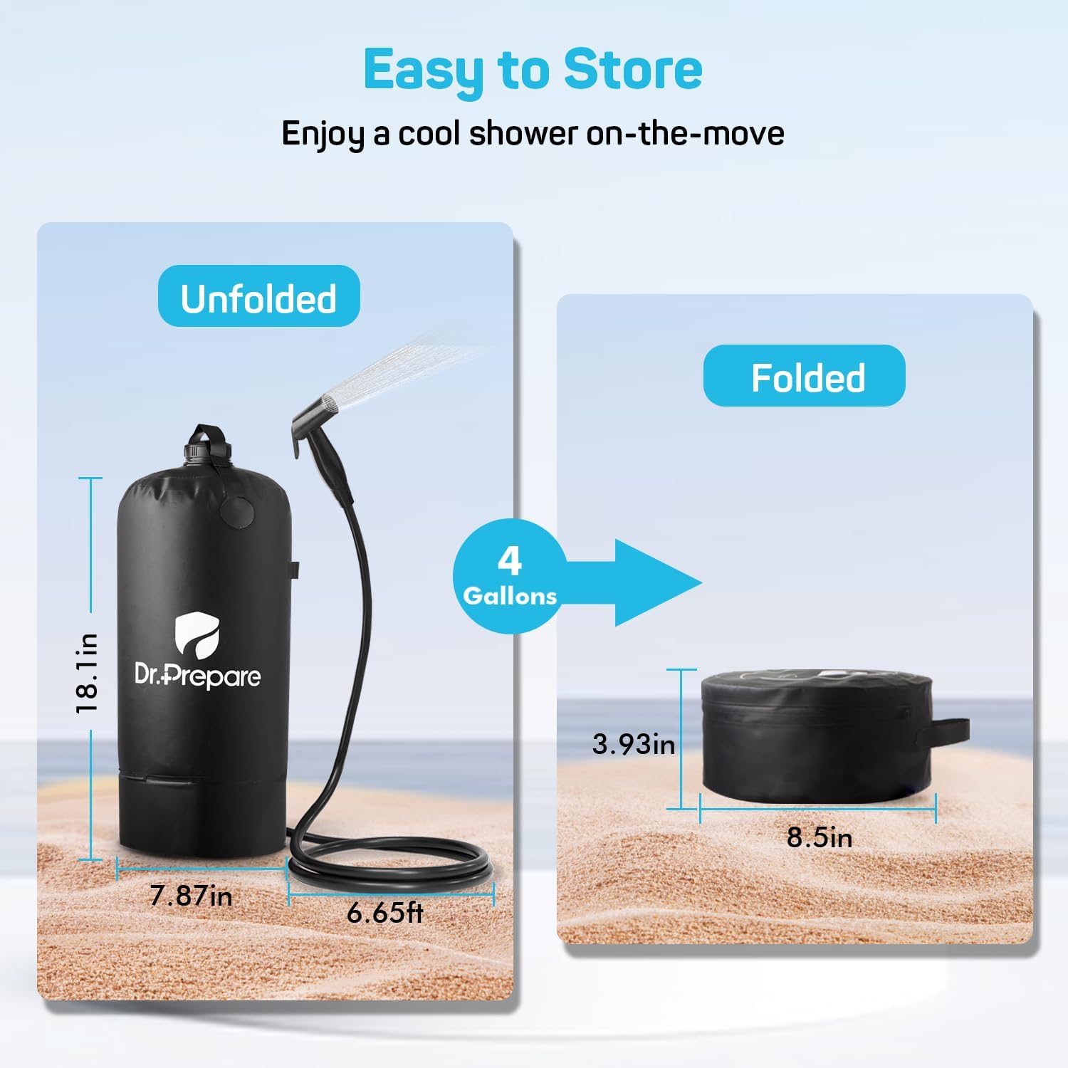 DR.PREPARE Portable Shower for Camping, 4 Gallons/15L Camping Shower Bag, Portable Outdoor Shower with Rechargeable Pump for Camping, Beach, Hiking, Climbing, Pet Cleaning