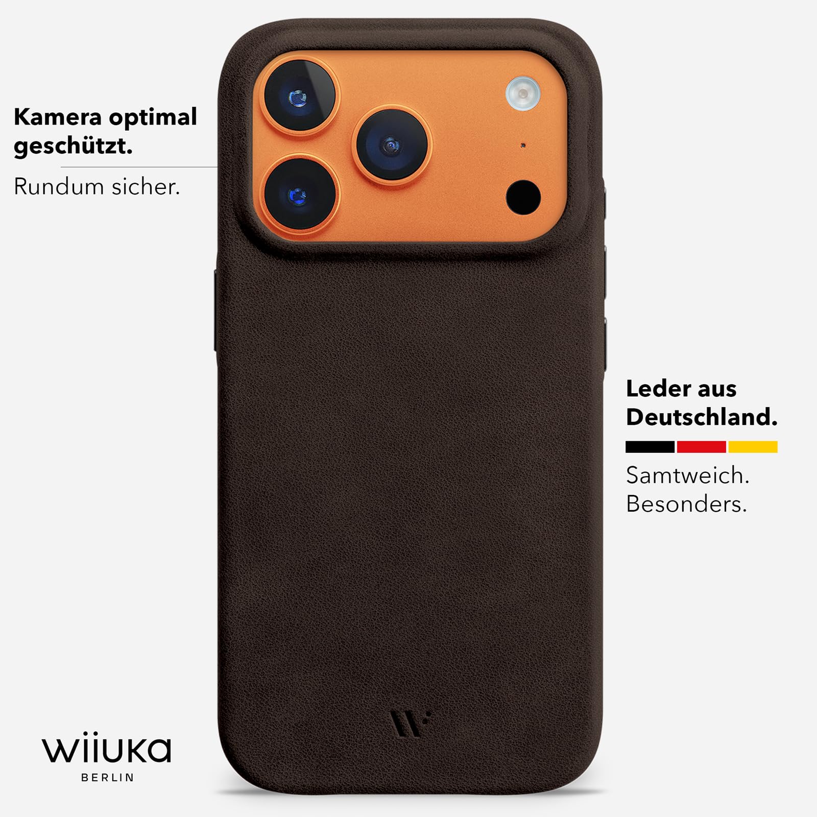 WIIUKA Hülle für iPhone 17 Pro Max, Leder aus Deutschland, 360° Schutz, Lederhülle extra Dünn, Premium Handyhülle, Case, Qi, skiin More VL, Vintage Braun