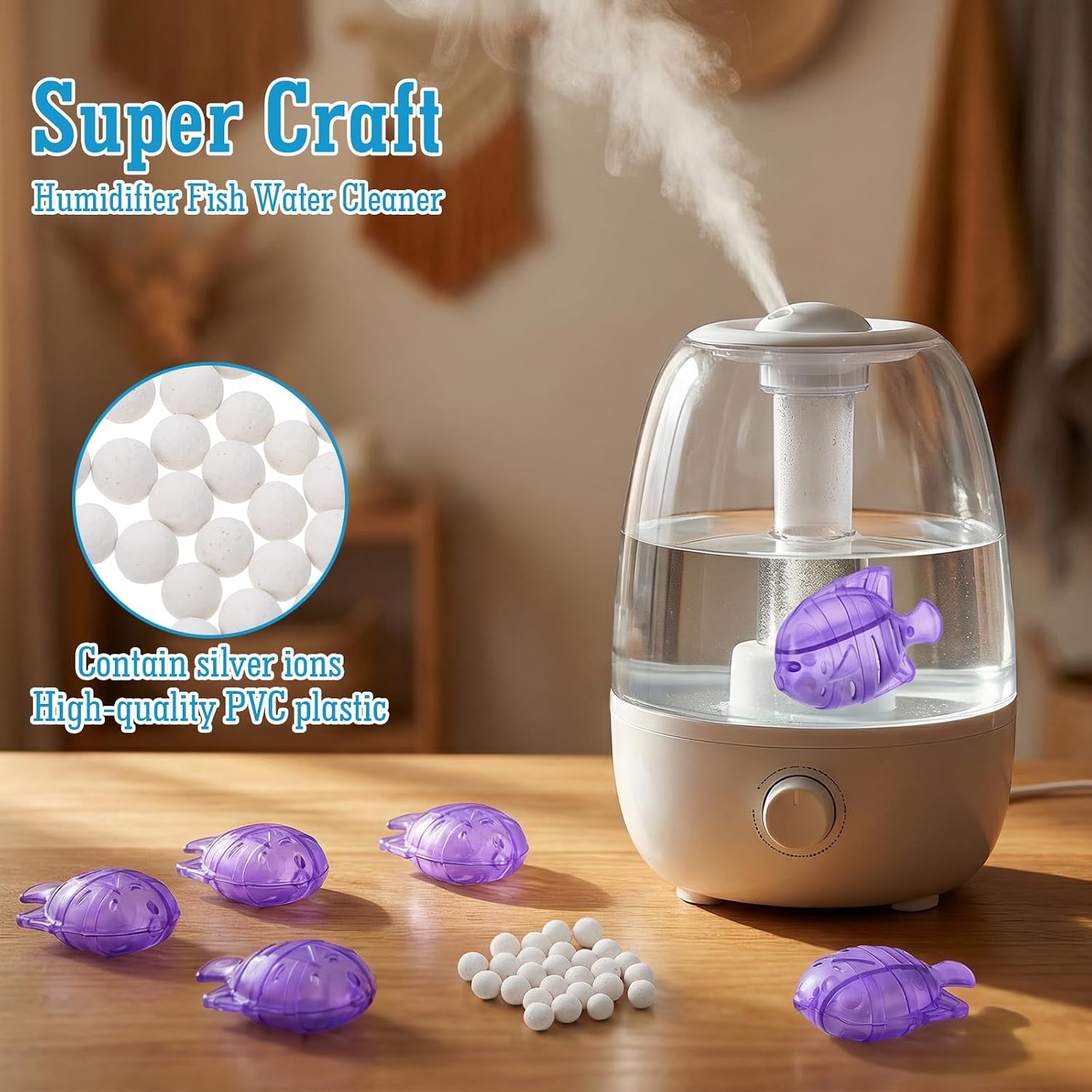 24 PCS Humidifier Cleaning Fish – Universal Tank Cleaner for Humidifiers & Fish Tanks, Purple/Blue/Yellow, Purifies Water, Reduces Hard Water Build-Up & Scale