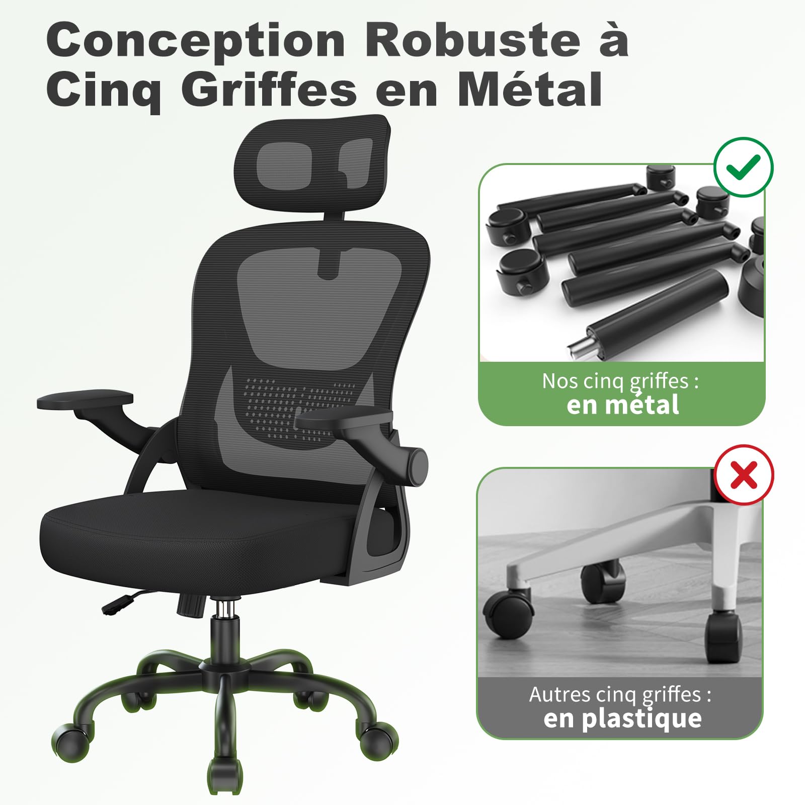 rattantree Sedia da Ufficio, Poltrona Ufficio Ergonomica, Con Braccioli Regolabili e Poggiatesta, Sedia Scrivania Girevole e Regolabile in Altezza, Seduta Ergonomica Traspirante, Per Lavoro, Nera