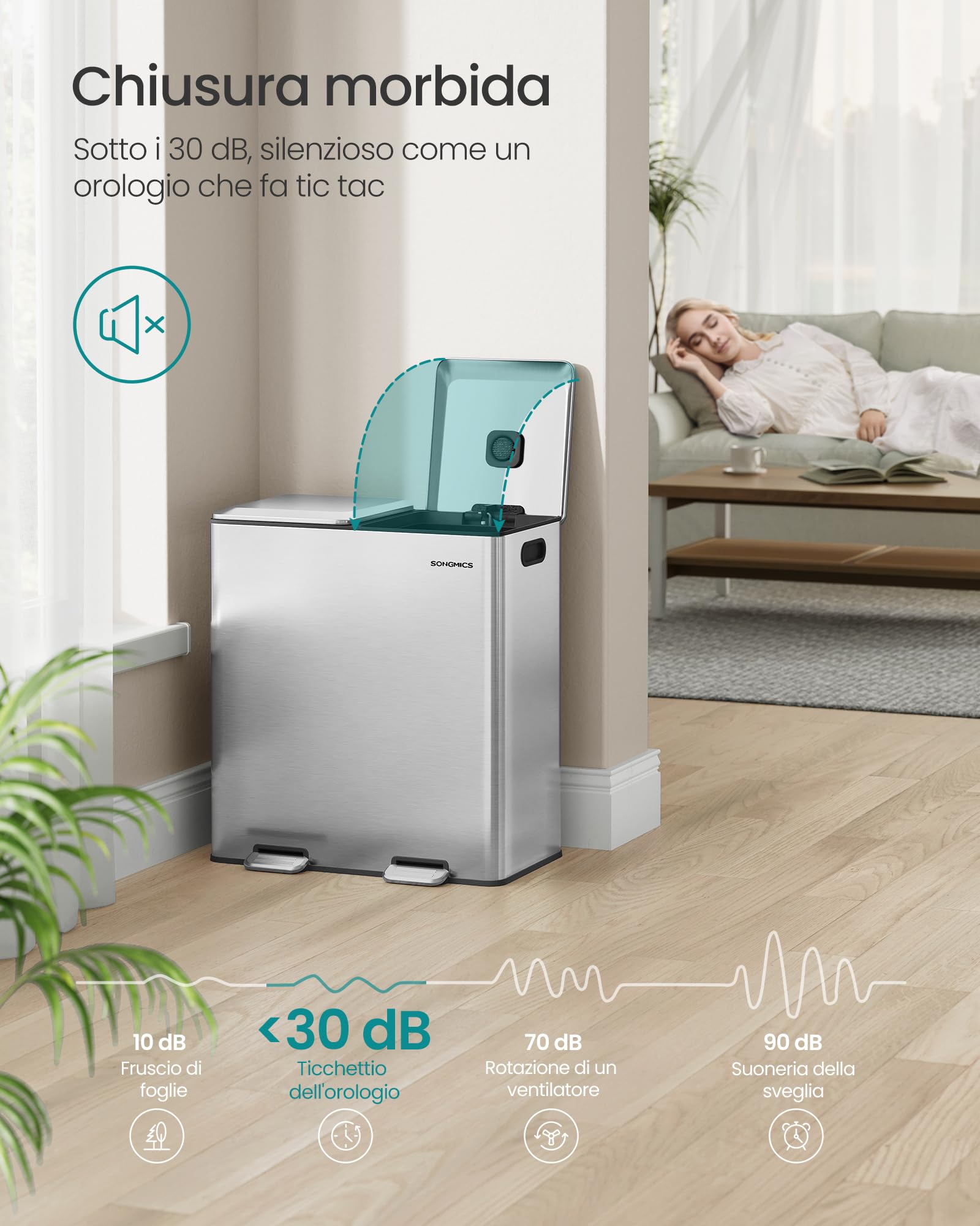 SONGMICS Cestino da Cucina, 2 x 30 L, 2 Scomparti per Raccolta Differenziata, con Coperchi a Chiusura Morbida e Secchi Interni Rimovibili, Pedali, Acciaio Inox, Argento Metallizzato LTB743E01