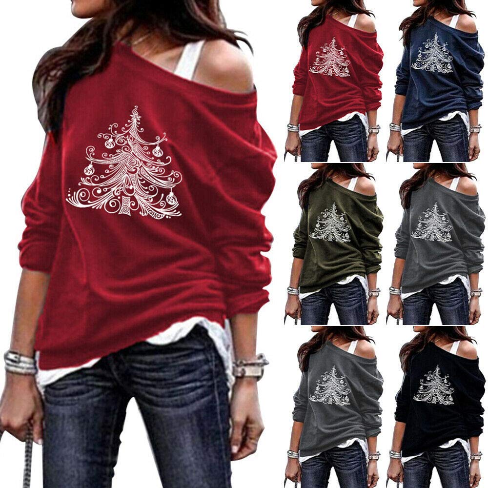 DaYee Blusa suelta para mujer con hombros descubiertos, diseño de árbol de Navidad