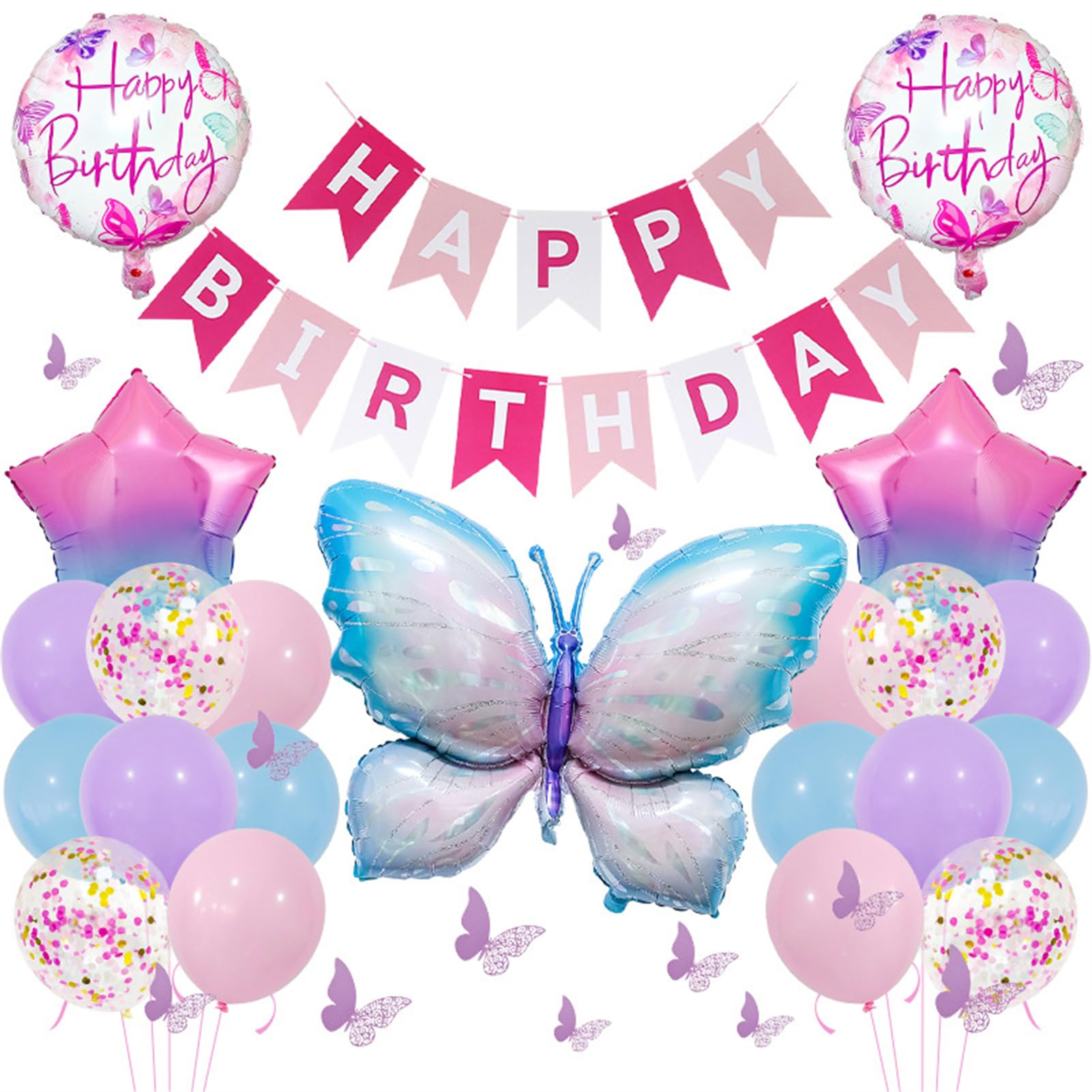 Butterfly Birthday Party Decorations, Pastel Macaron Purple Pink Party Balloon with Matallic Pink Purple Confetti Latex Balloons for Girls Butterfly Theme Birthday Baby Shower Decorations