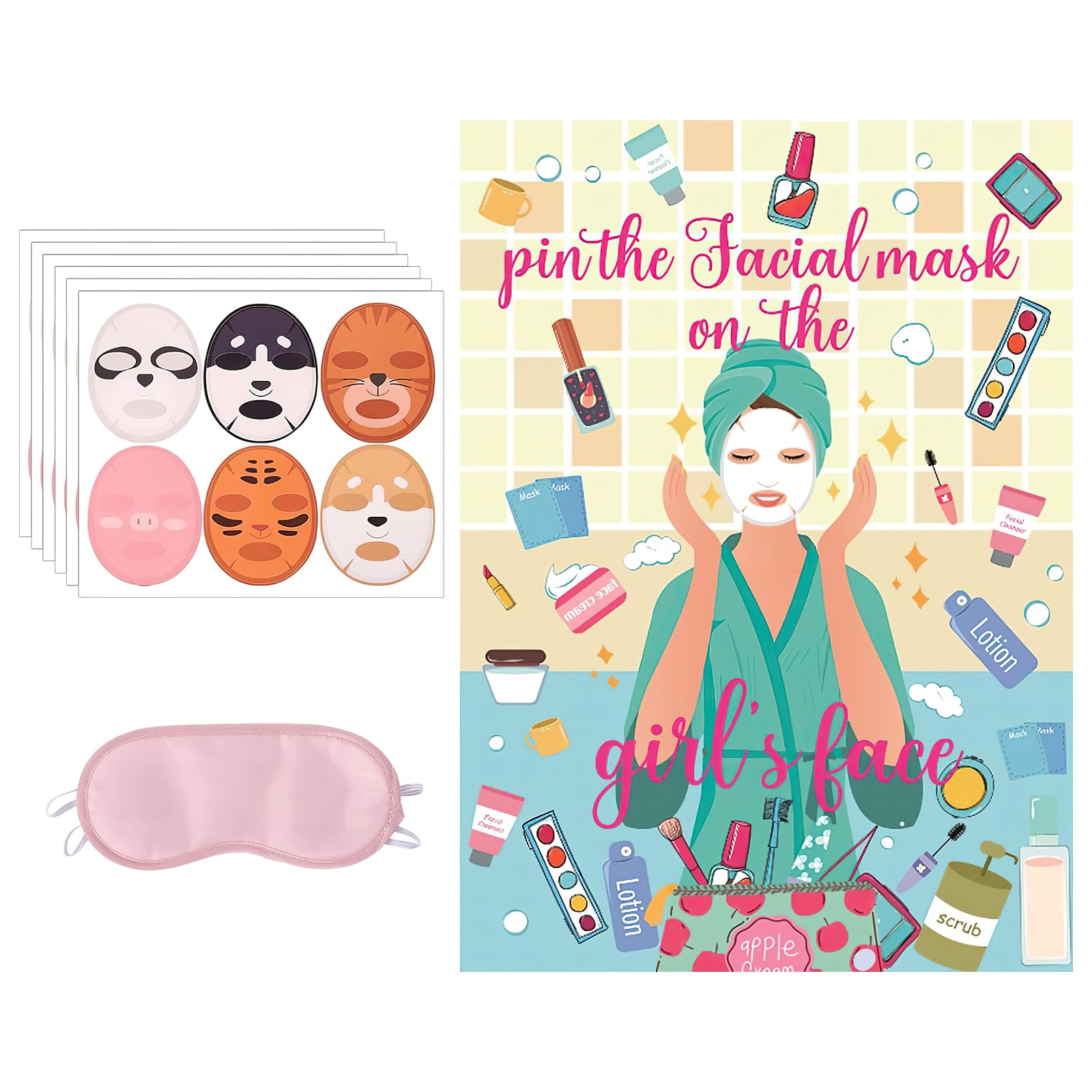 27pcs Spa Party Games Set, Pin The Facial Mask on The Girl's Face with 24 Pcs Poster Stickers and Blindfold for Kids, Birthday Party Games, Spa Party Supplies, Makeup Party Decorations