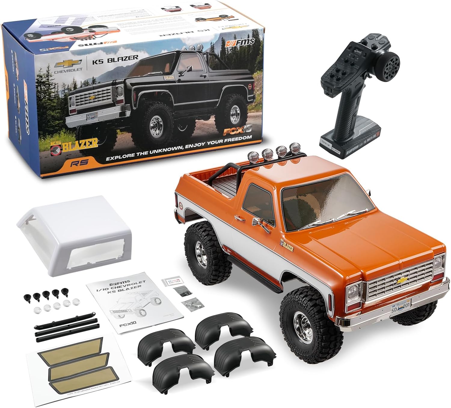 EAZYRC FMS FCX10 1/10 RC Crawler RS Chevy K5 Blazer Orange, with License Hobby Grade RC Truck, 8KM+ 2 Speed Transmission Remote Control Car for Adults with 2.4Ghz Radio and LED Light (Orange)