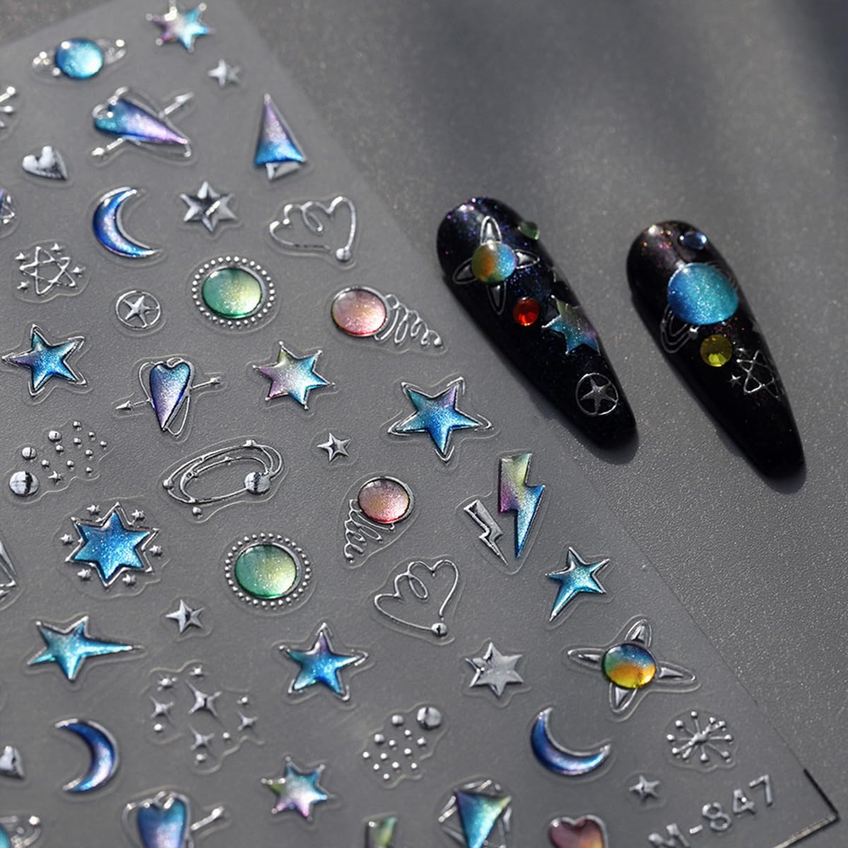 Star Nail Stickers for Nail Art 5D Embossed Blue Nail Art Stickers Heart Nail Decals Moon Colorful Nails Designs Self-Adhesive Nails Art Decals Nails Decoration Supplies for Women Girls DIY Manicure