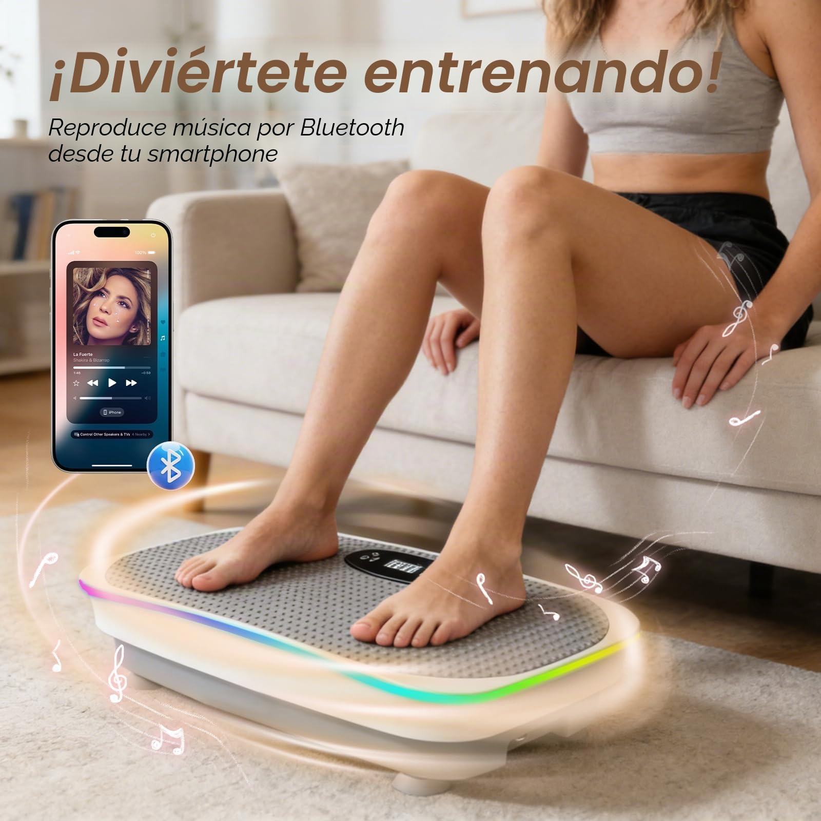 Plataforma Vibratoria, 120 Velocidades Plataforma Vibración Muscular para Musculación y Moldeado, Luces Frescas, hasta 350 LBS, Bluetooth y Mando a Distancia, 4 Bandas de Resistencia