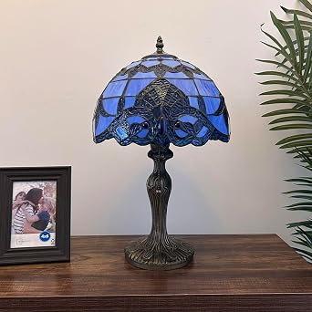 Stained Glass Table Lamp Blue Baroque Style LED Bulb Included for Living Room Bedroom Bedside 12 W*12 D*19 H