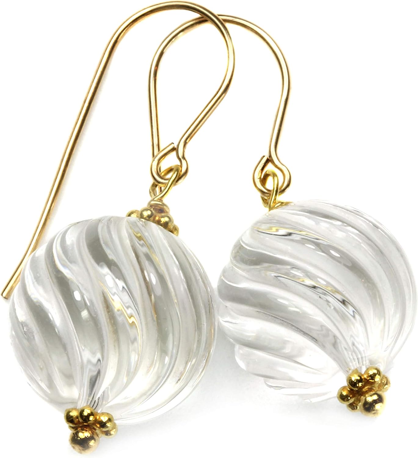 Clear Quartz Earrings Fancy Cut Round Carved Swirl Dangle Simple Drops Beaded Accents