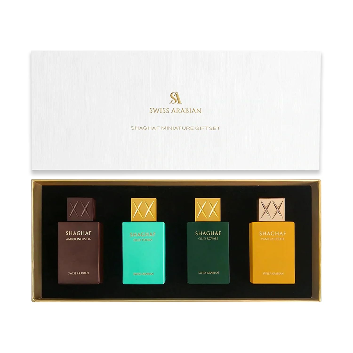 Swiss Arabian Shaghaf Perfume Gift Set – 4 × 25ml Mini parfume Discovery Collection for Women & Men – Oud Tonka, Amber Infusion, Oud Royale & Vanilla Toffee