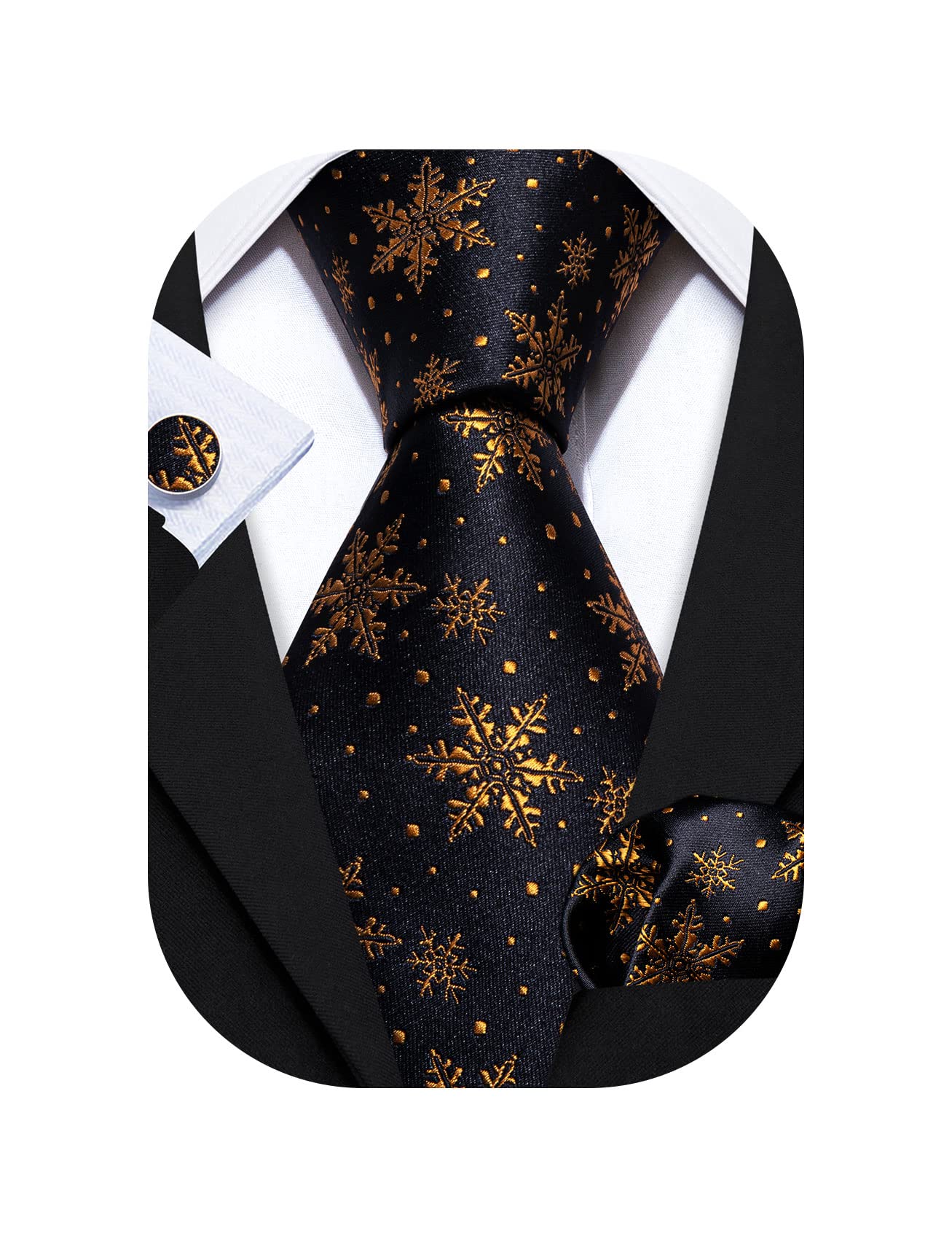 Barry.WangChristmas Ties for Men Necktie Festival Tie Sets Xmas Tree Snowflakes Handkerchief Cufflinks Party Holiday