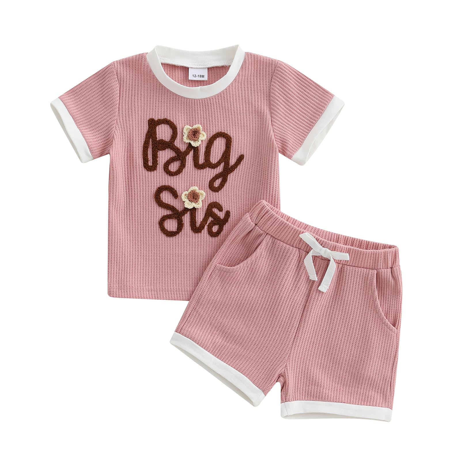 Gaono Toddler Baby Girl Summer Clothe Sister Matching Outfits Waffle Knit Short Sleeve T-shirt And Short 2 Piece Cute Set (B-Pink Big Sister, 12-18 Months)