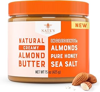Nate's Honey Almond Butter, Creamy, All-Natural – No Palm Oil, No Refined Sugar - 3 Real Ingredients, Sweetened Only with Pure Honey - 15 oz Jar