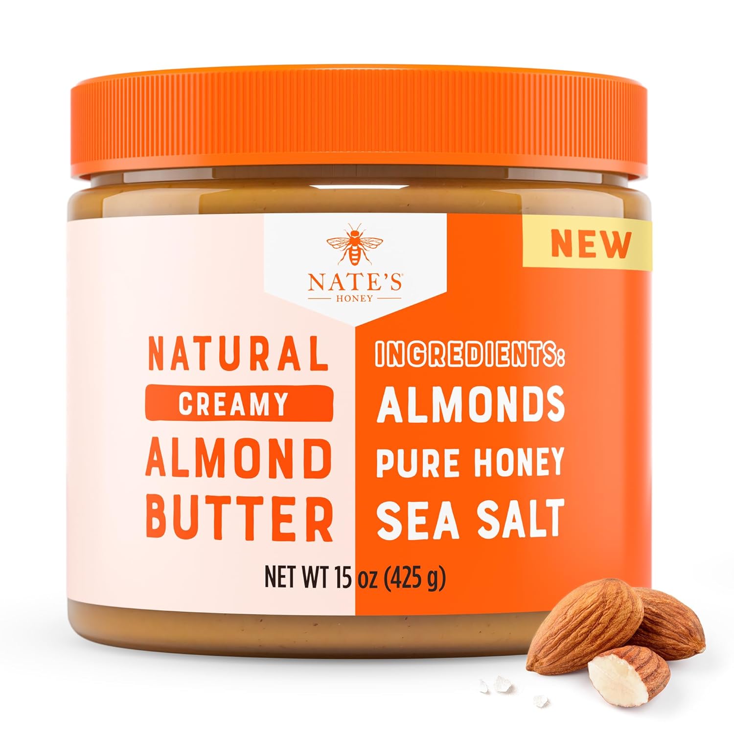 Nate's Honey Almond Butter Creamy All-Natural No Palm Oil Pure Honey Sweetened 15oz Jar