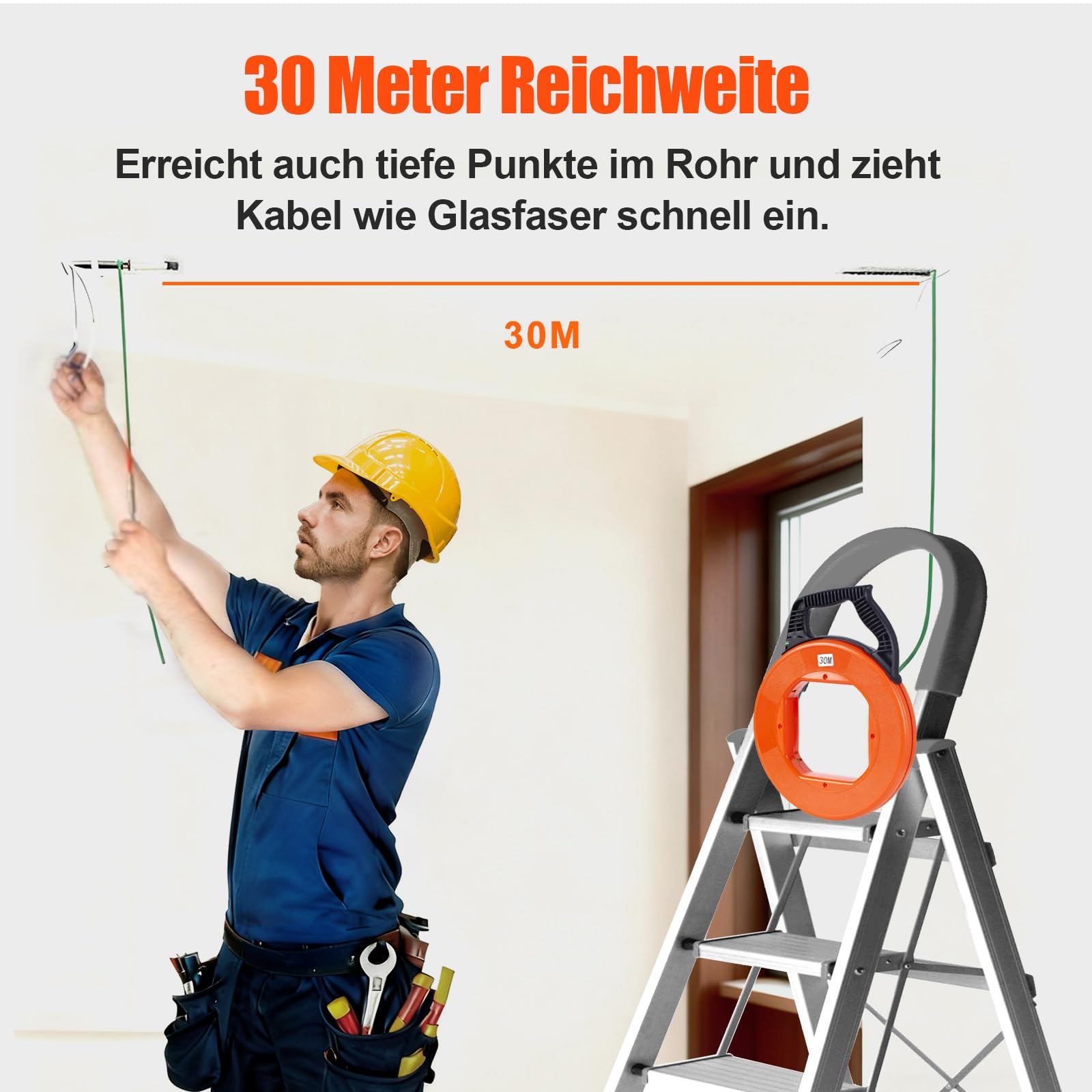 Pious Kabeleinziehhilfe 30m, Zugdraht für Leerrohre, mit Aufbewahrungsbox, Einziehband Anti-Verwicklungs-Design, Gleitet leicht um Rohrkurven, Perfekte Kabel Einzugshilfe für Glasfaser-Durchziehhilfe