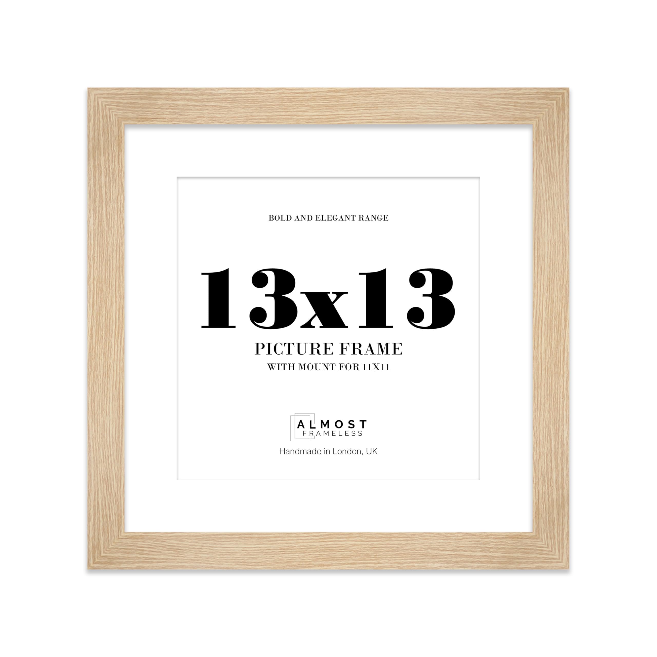 13x13" Oak Square Frame With Mount for 11x11" Pictures 28mm Edge Frame Display with Wall Hooks, 1 Pack