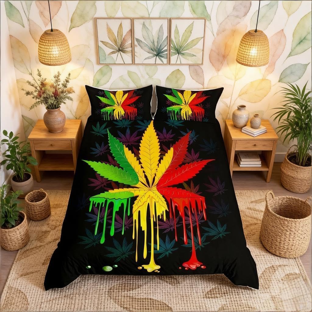 Marijuana Duvet Cover Set Colorful Cannabis Leaves Bedding Set for Kids Boys Girls Marijuana Weed Botanical Comforter Cover Controlled Drugs Quilt Cover Bedroom Collection 2Pcs Junior/Cot Bed Size