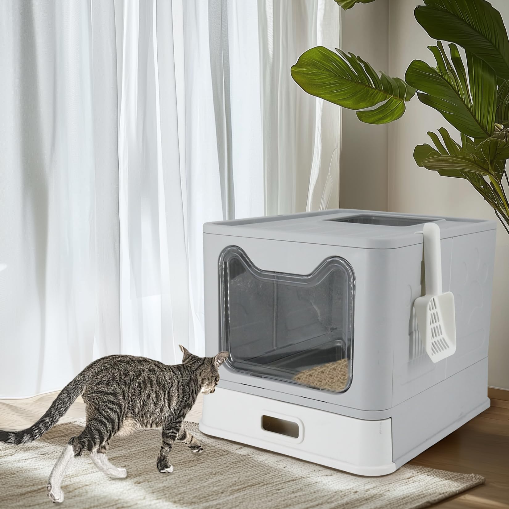 BingoPaw Lettiera Gatto Chiusa Acciaio Inox Cassetto Facile da Pulire | Per Peso Inferiore a 5 kg, Staccabile, Antiodore, con Paletta