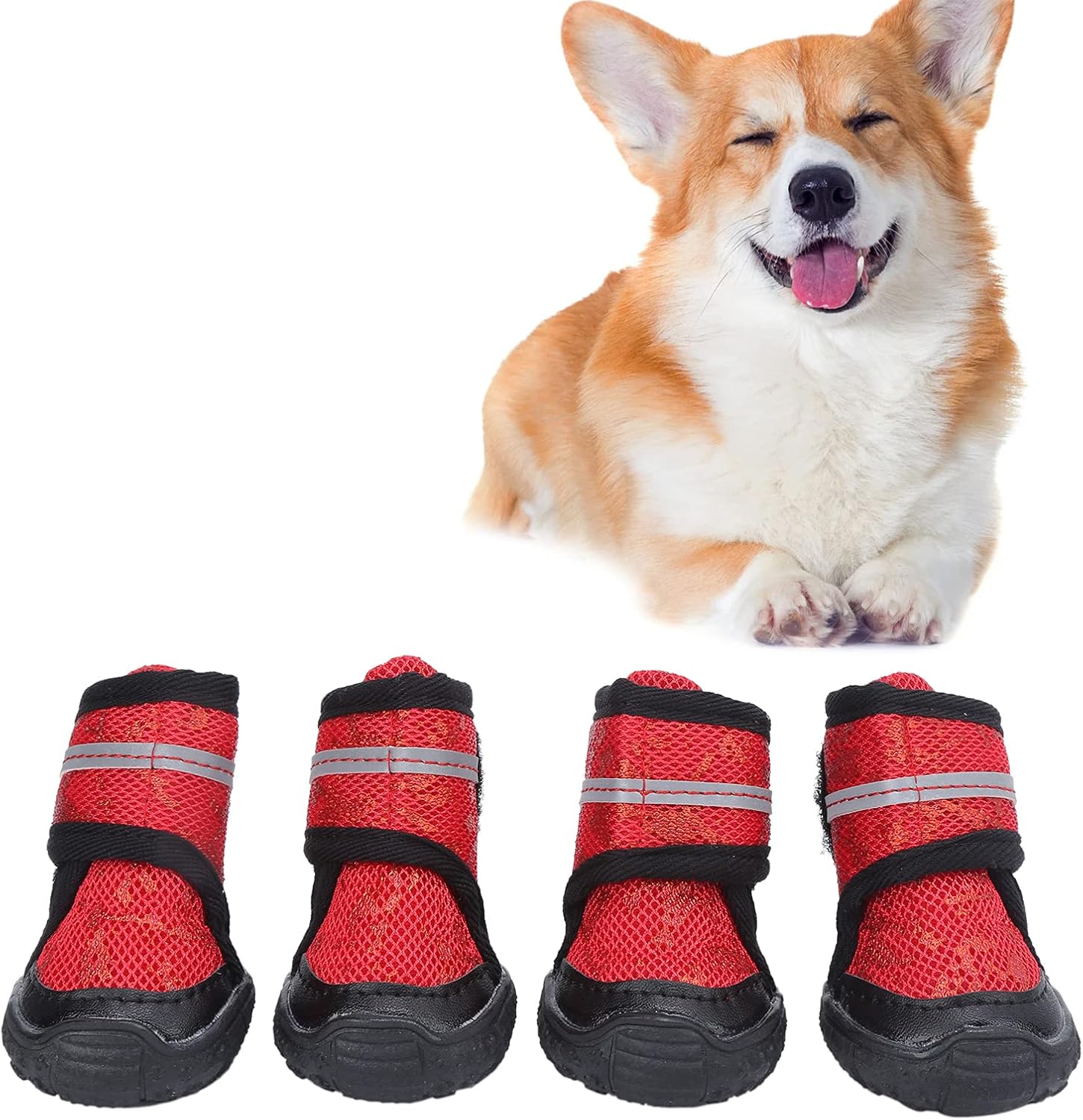 Dog Boots Antislip Pet Shoes, Adjustable Rubber Mesh for Small Medium Large Dogs - Comfortable Protection, Reflective Safety Straps, Outdoor Walking (70 Yards)