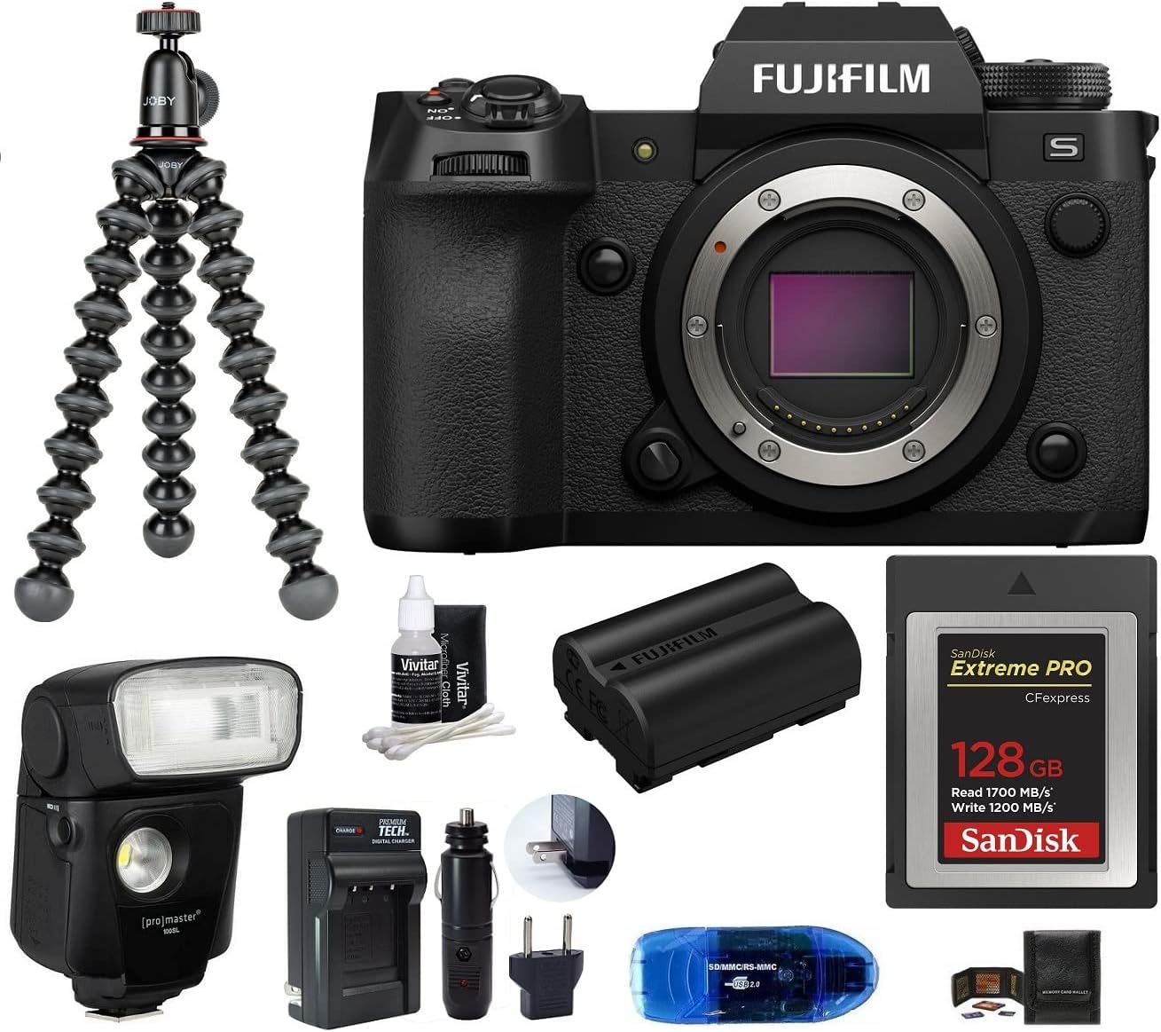 Fujifilm X-H2S Mirrorless Digital Camera Body Bundle, Includes: SanDisk 128GB Extreme PRO CF Express Memory Card Type B, Spare Fujifilm NP-W235 Battery, Tripod, Flash and More (9 Items)