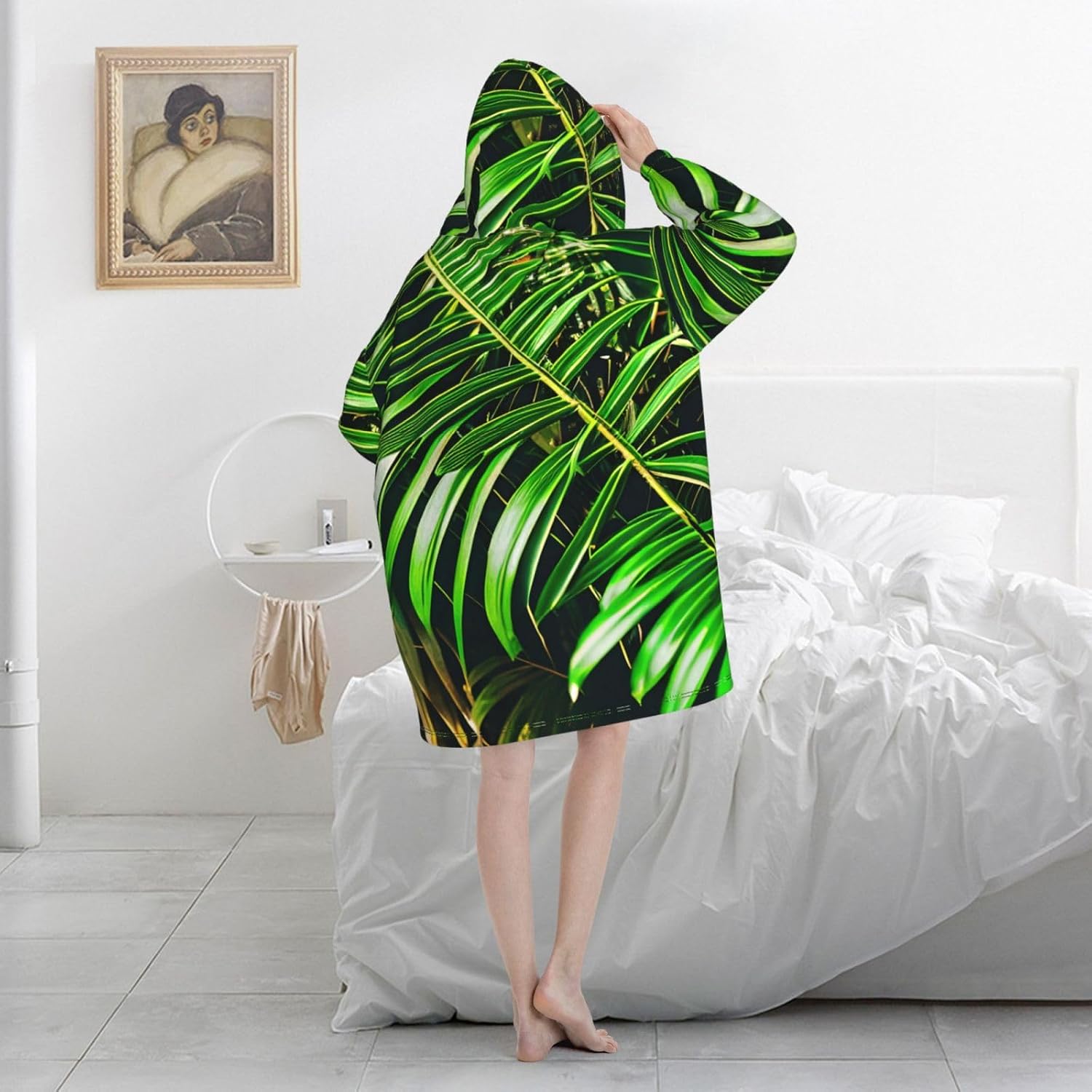 Palm Tree Green Leavesprint Oversized Hoodie Blanket, Super Soft Warm Comfortable Hoodie, Wearable Blanket Adult