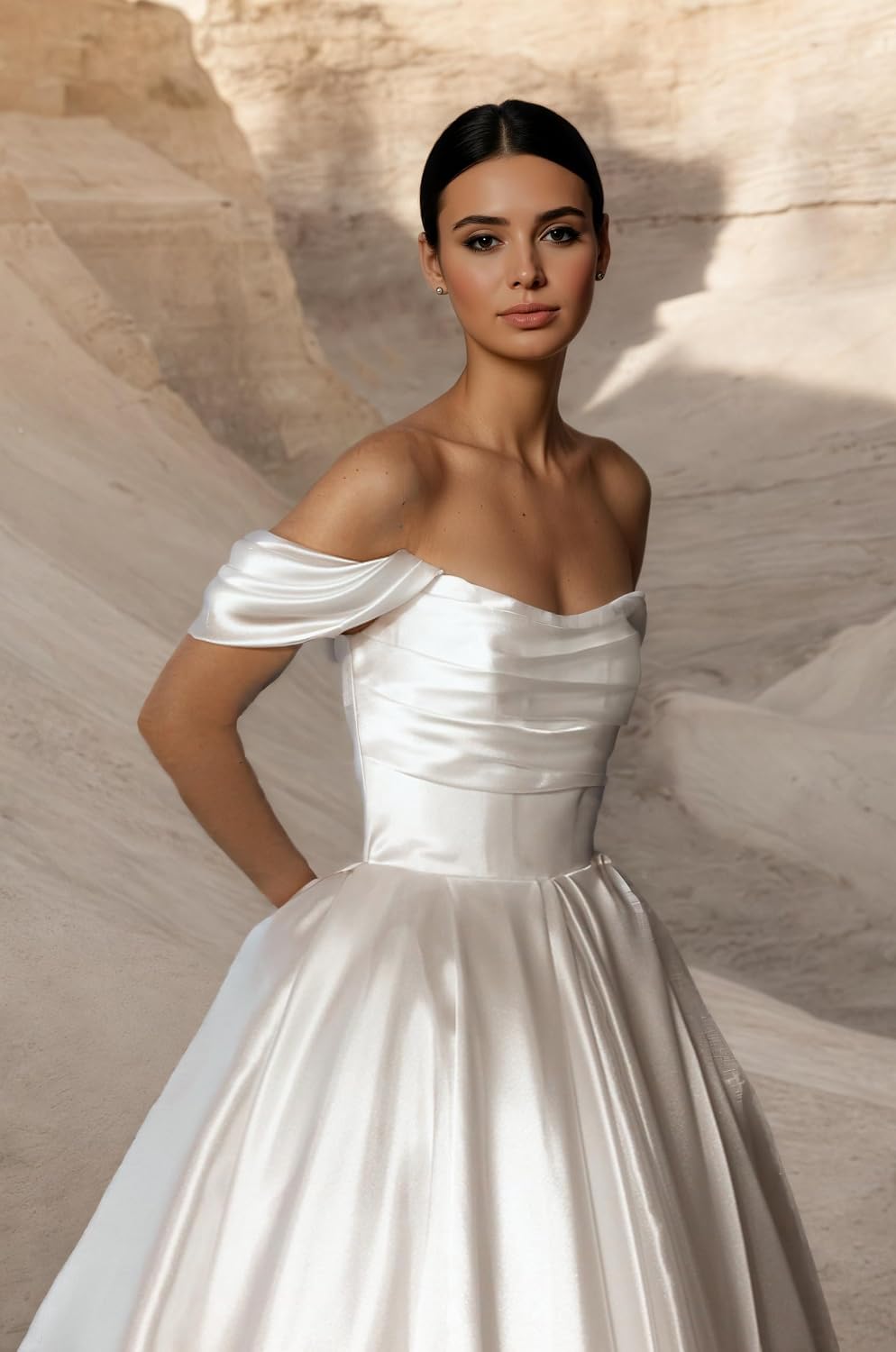 Tea Length Wedding Dresses for Bride Off Shoulder Satin Prom Dress Pleated A Line Evening Party Ball Gown