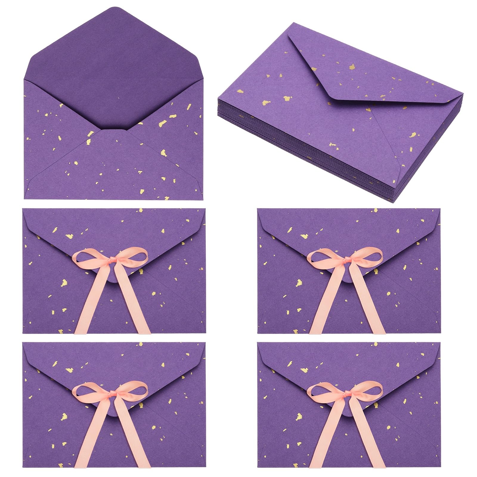 sourcing map 20 Pack Greeting Card Envelopes with Ribbon Bow, 6.4" x 4.5" Tiny Items Storage Vintage Cute Present Card Holder for Wedding Greeting Party Postcards, Light Purple