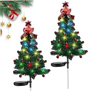 Solar Christmas Tree 2PCS 17.7 Inch Solar Christmas Lights with LED for Outdoor Christmas Decorations Waterproof Xmas Tree Stake Lights Christmas Pathway Lights for Pathway Lawn Patio Garden Decor