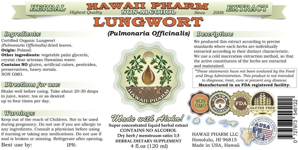 Crаzу Clеаrаnсе Lungwort Alcohol-Free Liquid Extract, Organic Lungwort (Pulmonaria officinalis) Dried Leaf Glycerite Hawaii Pharm Natural Herbal Supplement 2 oz