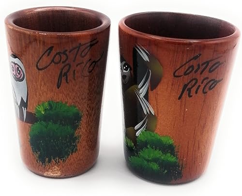 Miniatura 4 de Juego de 2 vasos de chupito de tequila de madera - Pintados a mano con diseños de mono y perezoso de la selva tropical costarricense - 1.5 fl oz o